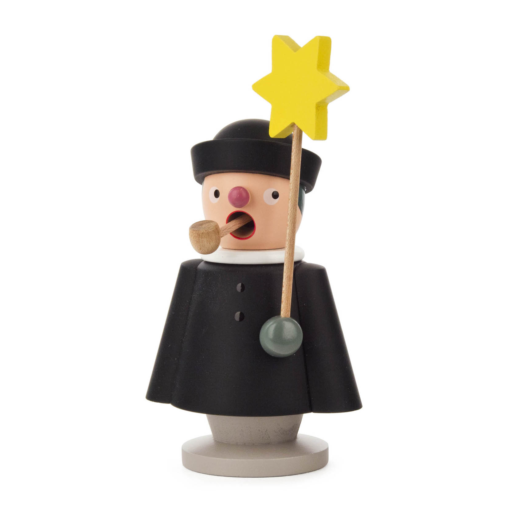 Traditional German incense smoker figure of a choir singer holding a yellow star and a pipe, dressed in black robes.