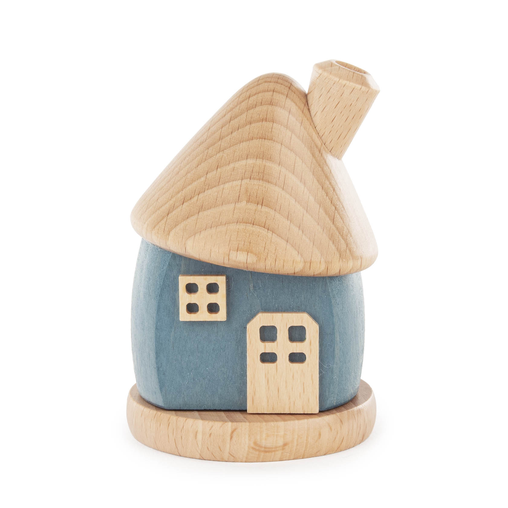 Kleines Holzräucherhaus in Blau, mit naturbelassenem Dach und Schornstein. Es hat eine kleine Tür und drei Fenster auf der Vorderseite. im Dregeno Online Shop günstig kaufen