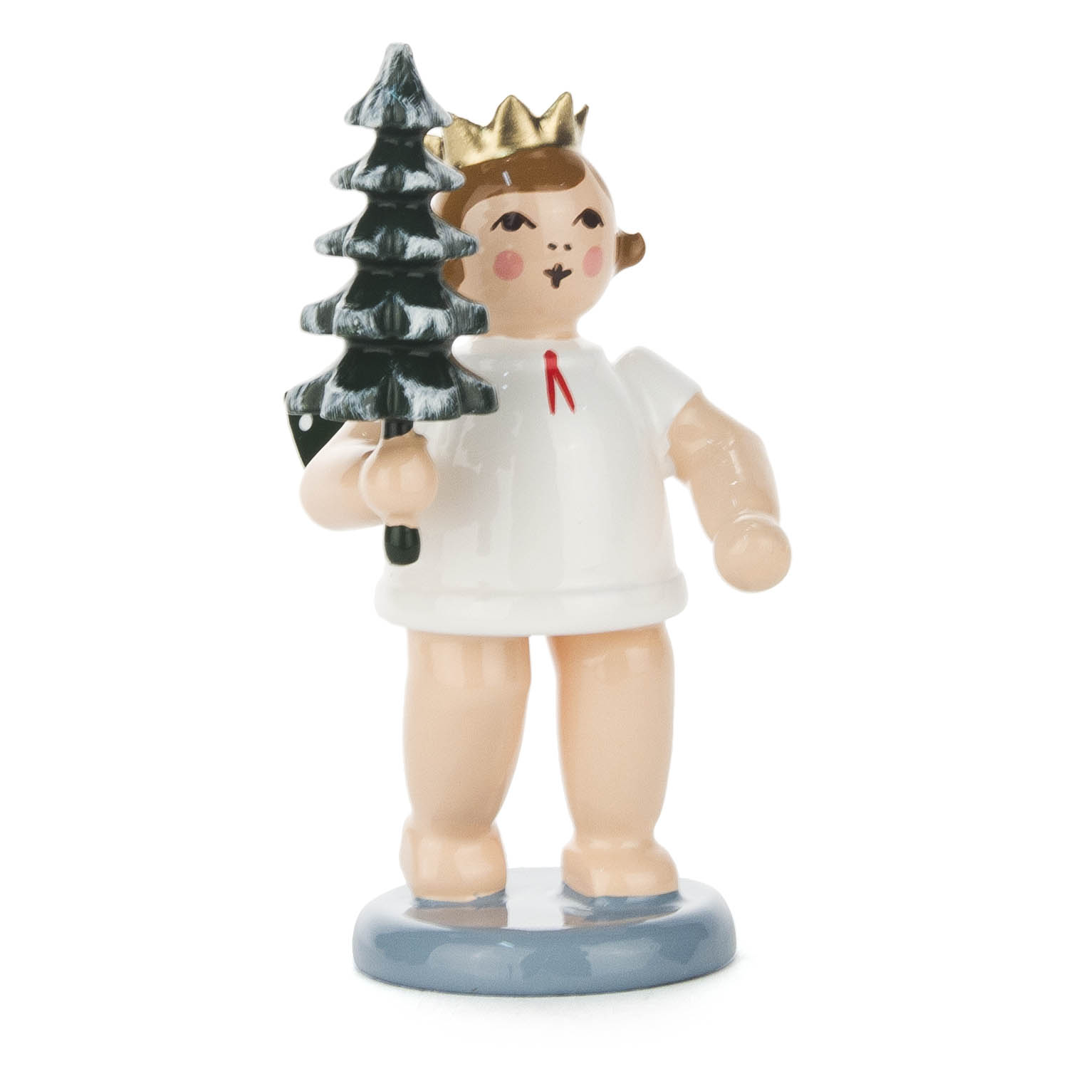 Figurine of an angel with a gold crown, holding a small Christmas tree, wearing a white robe and standing on a blue base. im Dregeno Online Shop günstig kaufen