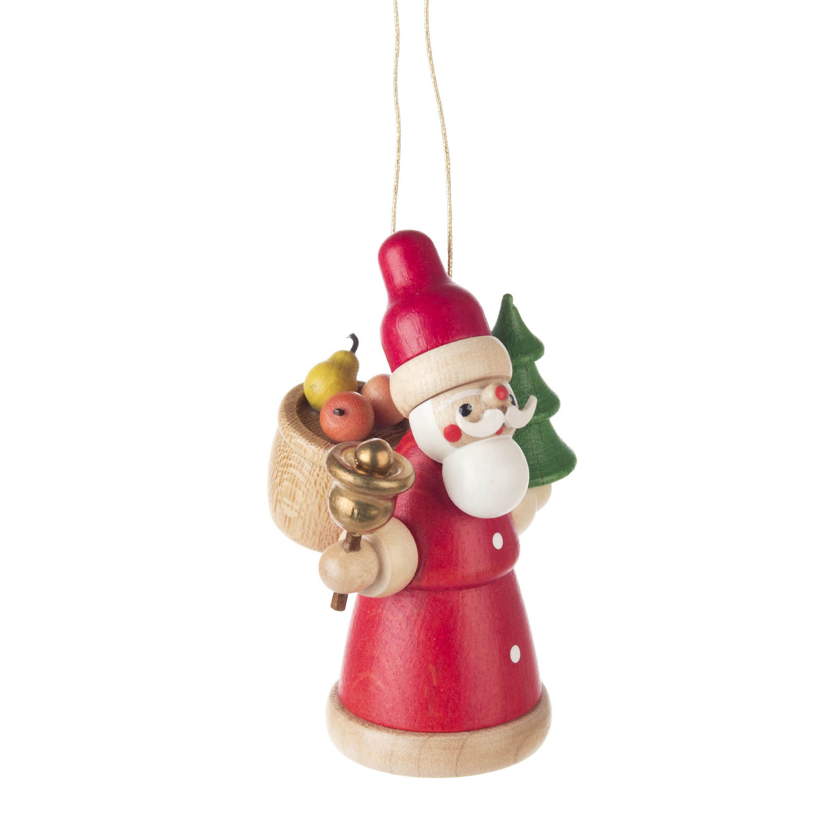Holzfigur Weihnachtsmann in rotem Mantel mit Sack voller Geschenke und Glocke in der Hand, grüner Tannenbaum unter dem Arm. im Dregeno Online Shop günstig kaufen