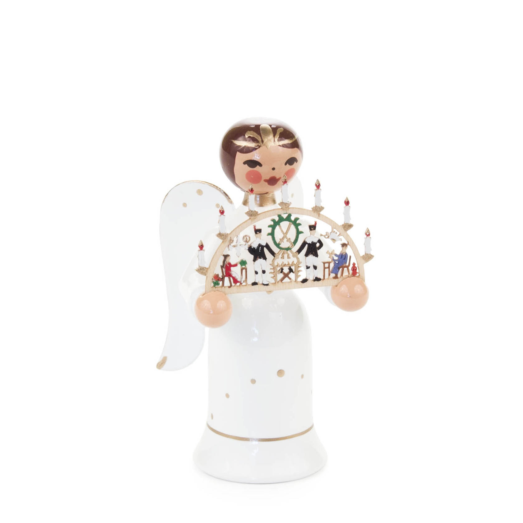 Ein handbemalter Miniatur Engel aus dem Erzgebirge mit weißem Gewand und goldenen Details, hält einen traditionellen Schwibbogen in der Hand. im Dregeno Online Shop günstig kaufen