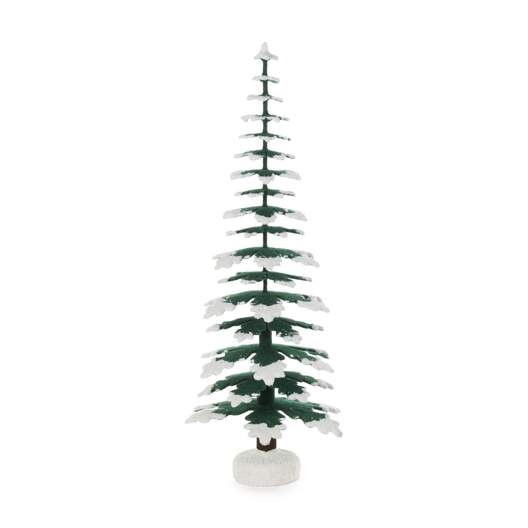 Ein kleiner künstlicher Weihnachtsbaum mit grünen Ästen, die mit weißem Kunstschnee bedeckt sind, steht auf einem runden Sockel. im Dregeno Online Shop günstig kaufen