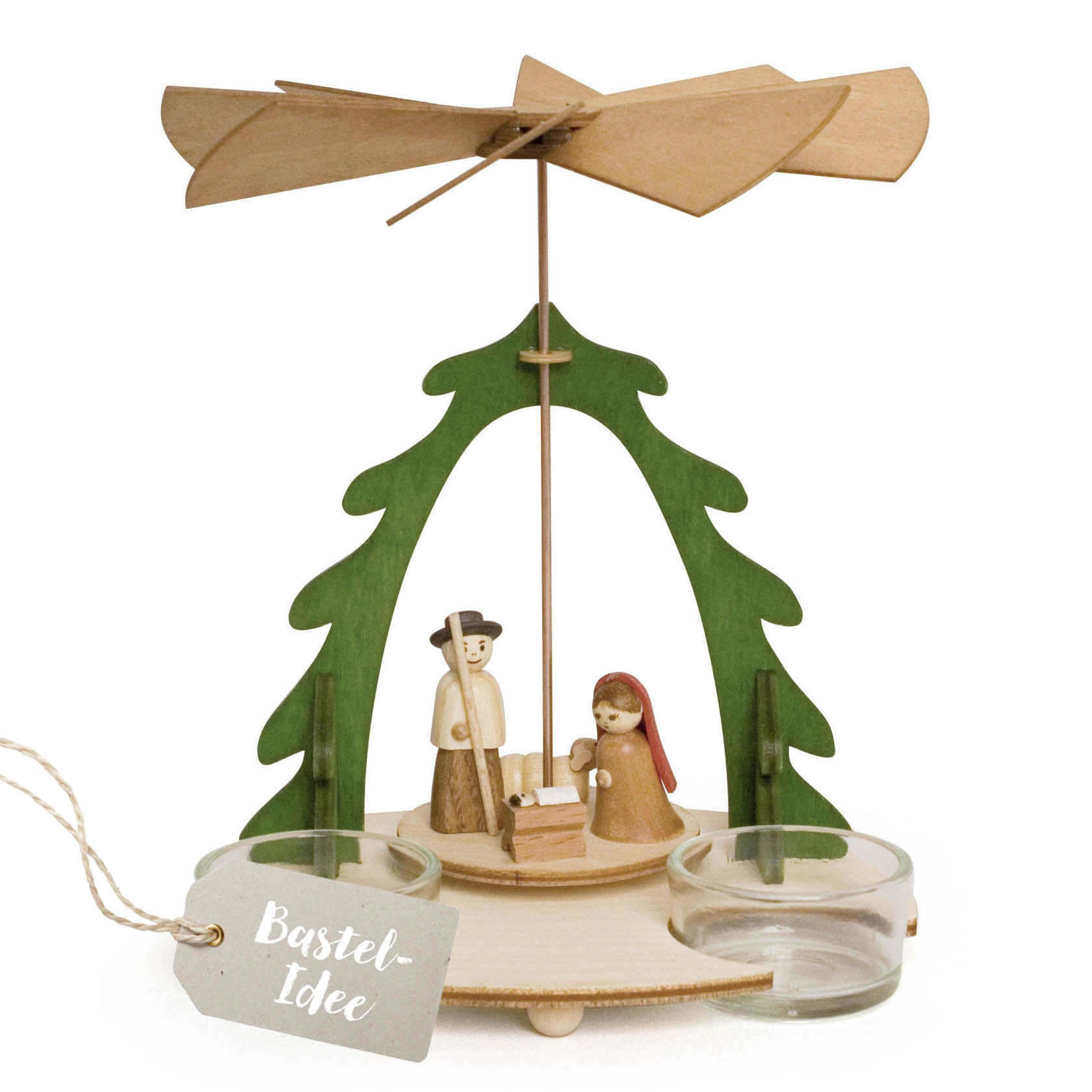 Wooden pyramid craft set featuring nativity figures: Joseph holding a staff and Mary in red cloak kneeling beside baby Jesus. Two candle holders are included. im Dregeno Online Shop günstig kaufen
