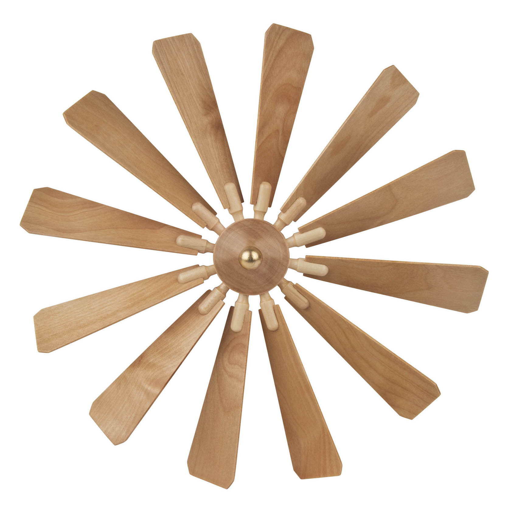 Hölzernes Flügelrad mit zwölf langen, rechteckigen Flügeln, zentral montiert mit einer goldenen Halterung und weißen Verbindungsstücken. im Dregeno Online Shop günstig kaufen
