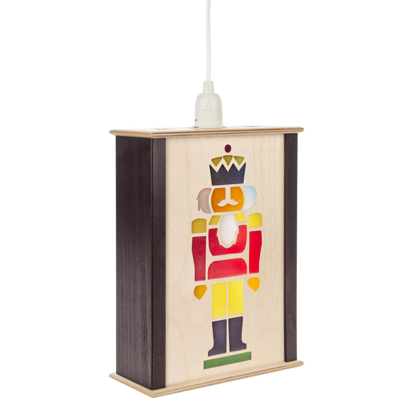 Eine kleine Fensterlaterne mit farbigem Nussknacker-Design auf der Vorderseite, hölzerner Rahmen und Kabel oben zum Aufhängen.