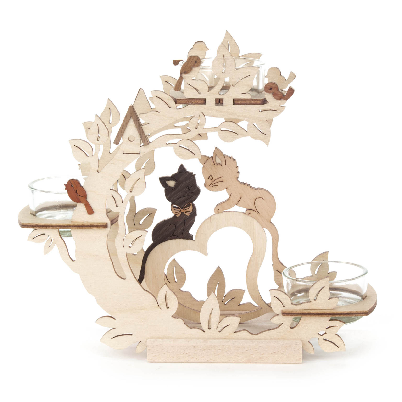 Holz-Teelichthalter in Form eines stilisierten Baums mit zwei geschnitzten Kätzchen in der Mitte und zwei Kerzenhaltern an den Ästen. im Dregeno Online Shop günstig kaufen