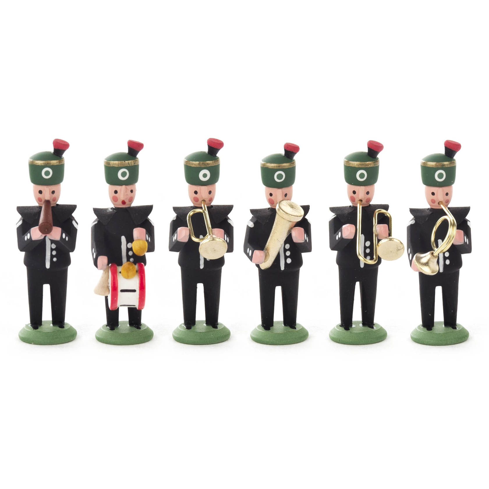 Sechs Miniaturfiguren in Bergarbeiteruniformen spielen verschiedene Blasinstrumente und Trommeln. Gekleidet in Schwarz mit grünen Hüten. im Dregeno Online Shop günstig kaufen