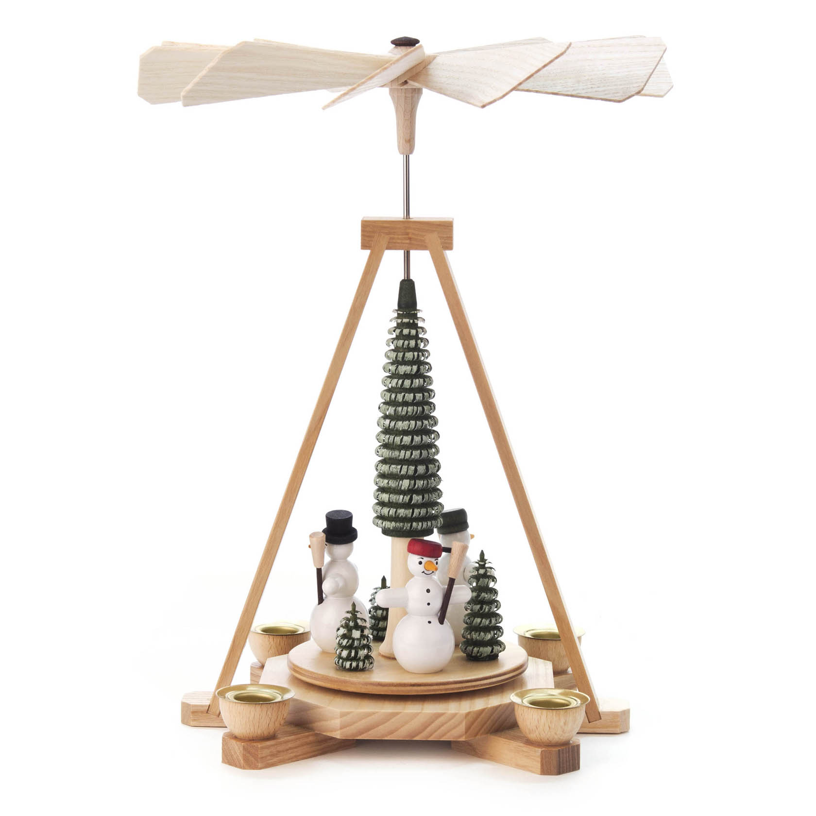 Holzpyramide mit Schneemännern und Tannenbaum auf einer drehbaren Plattform mit Teelichthaltern und einem Propeller an der Spitze. im Dregeno Online Shop günstig kaufen