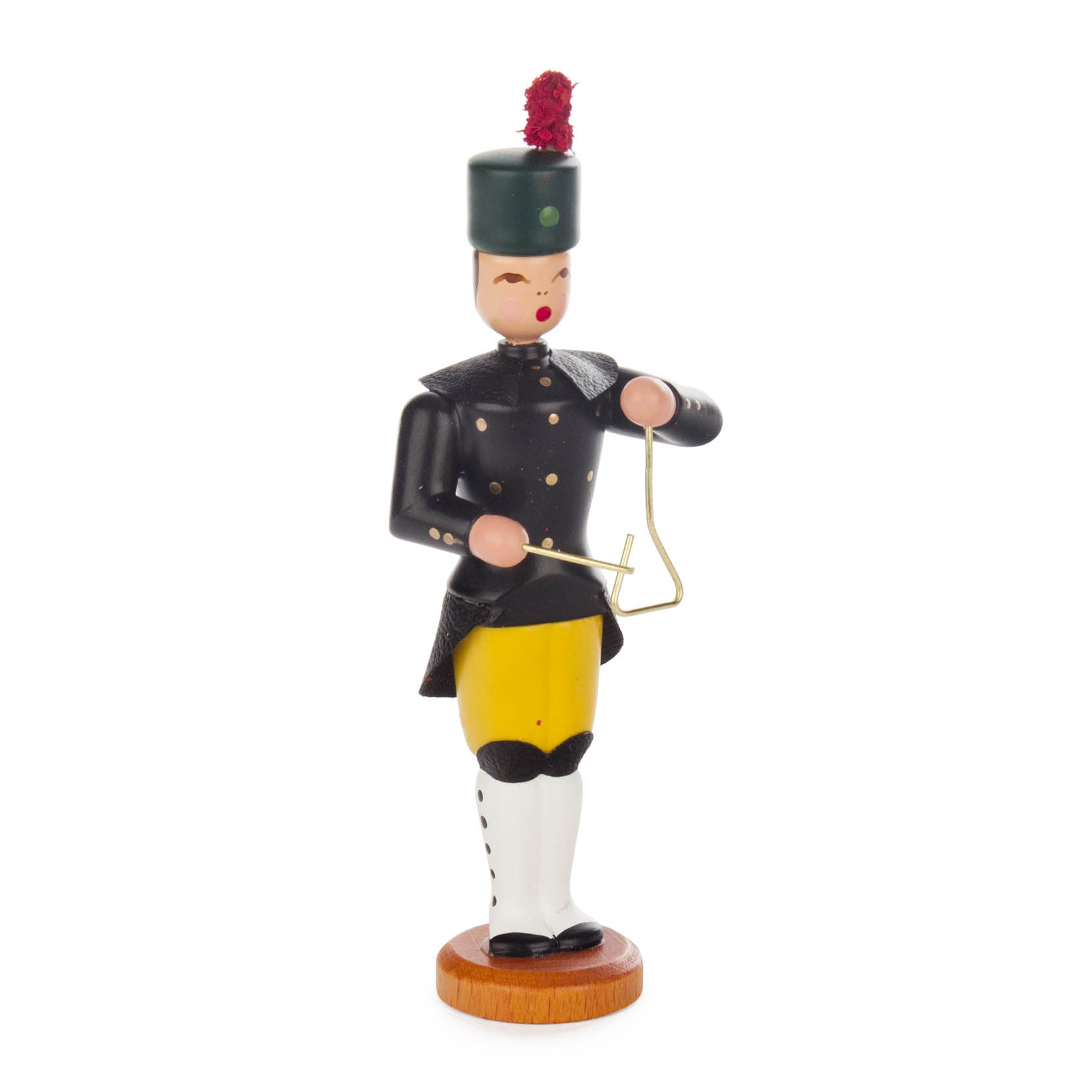 Holzfigur eines Bergmanns in traditioneller Uniform mit einem Triangel in der Hand, auf einem runden Holzsockel stehend. im Dregeno Online Shop günstig kaufen