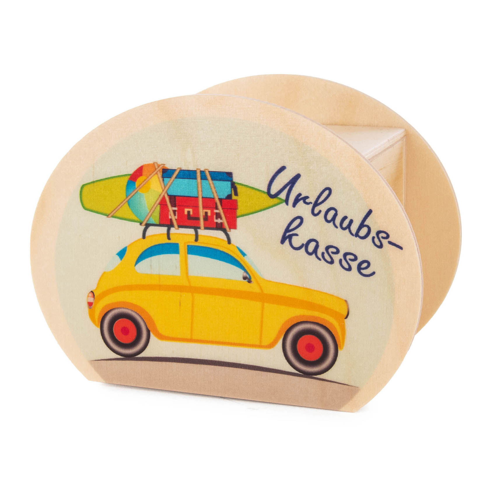 Runde Spardose mit Aufdruck eines gelben Autos, das ein Surfbrett und Gepäck auf dem Dach trägt, daneben steht 'Urlaubskasse'. im Dregeno Online Shop günstig kaufen