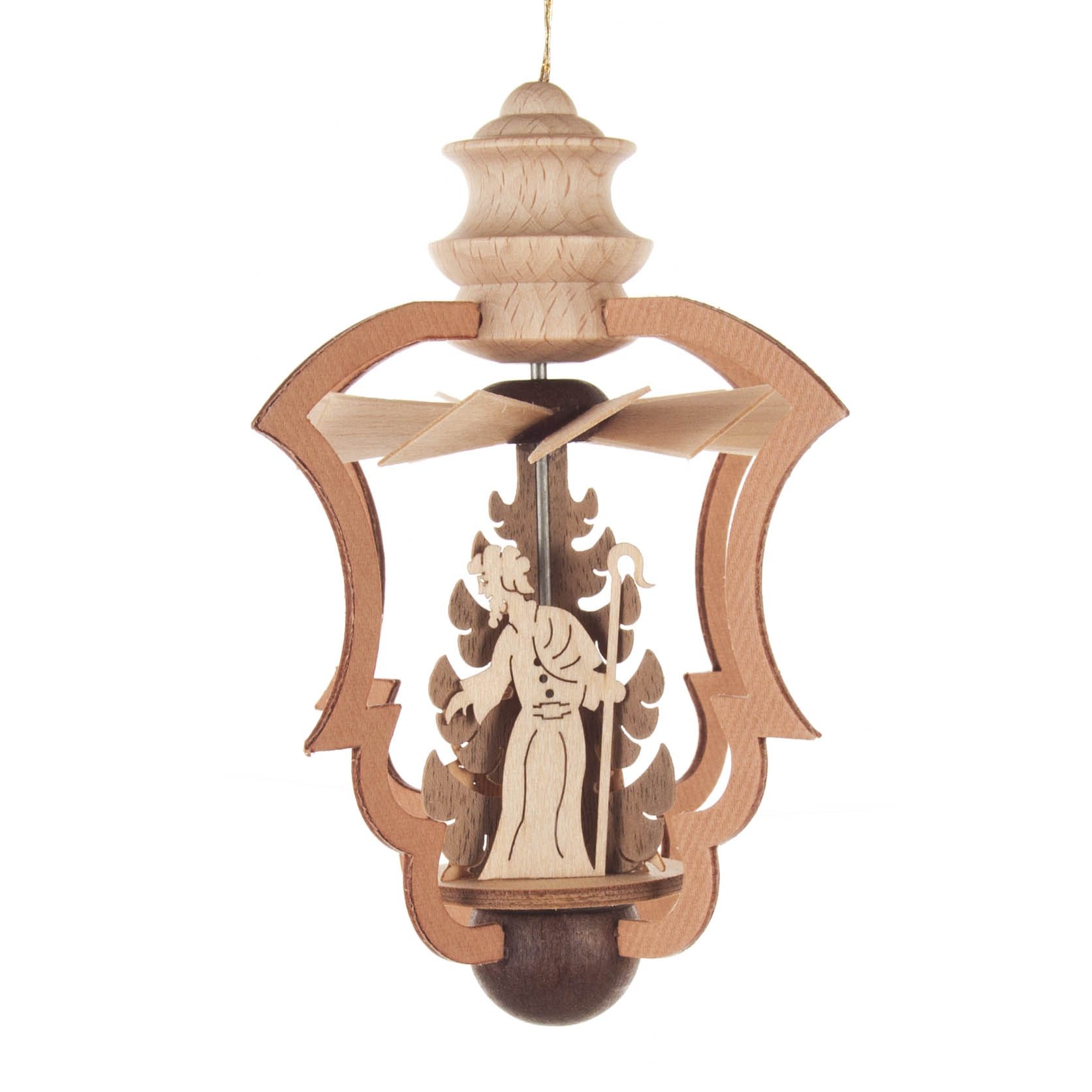 Holz-Weihnachtsschmuck mit geschnitzter Figur der Geburt Christi, rotierbare Flügel oben, zum Aufhängen.