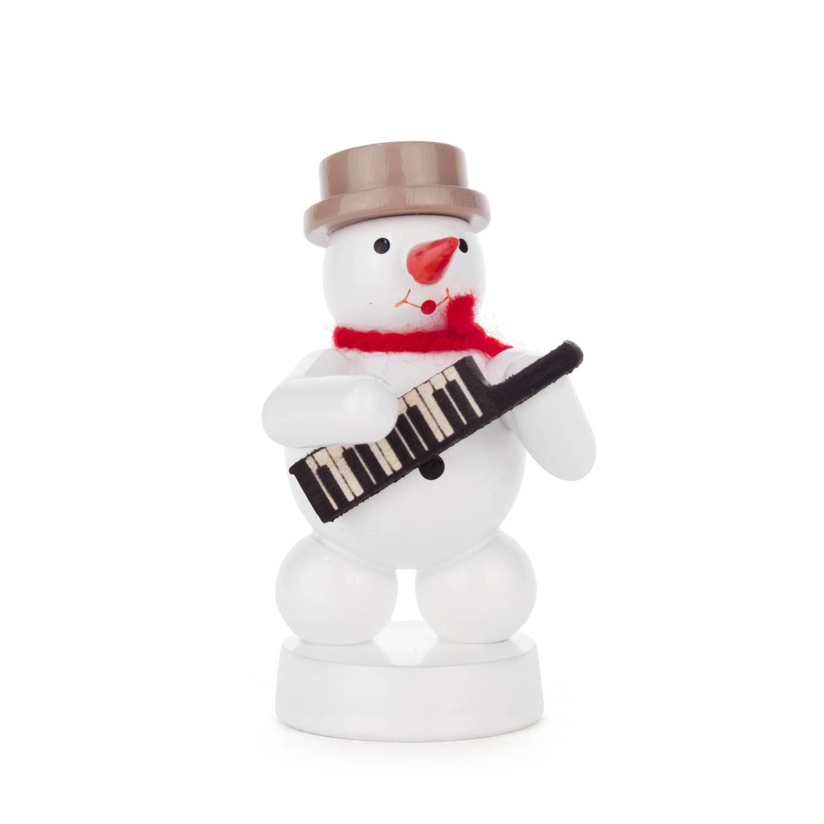 Ein Schneemann mit einem roten Schal und einem braunen Zylinder spielt ein kleines schwarzes Keyboard. im Dregeno Online Shop günstig kaufen