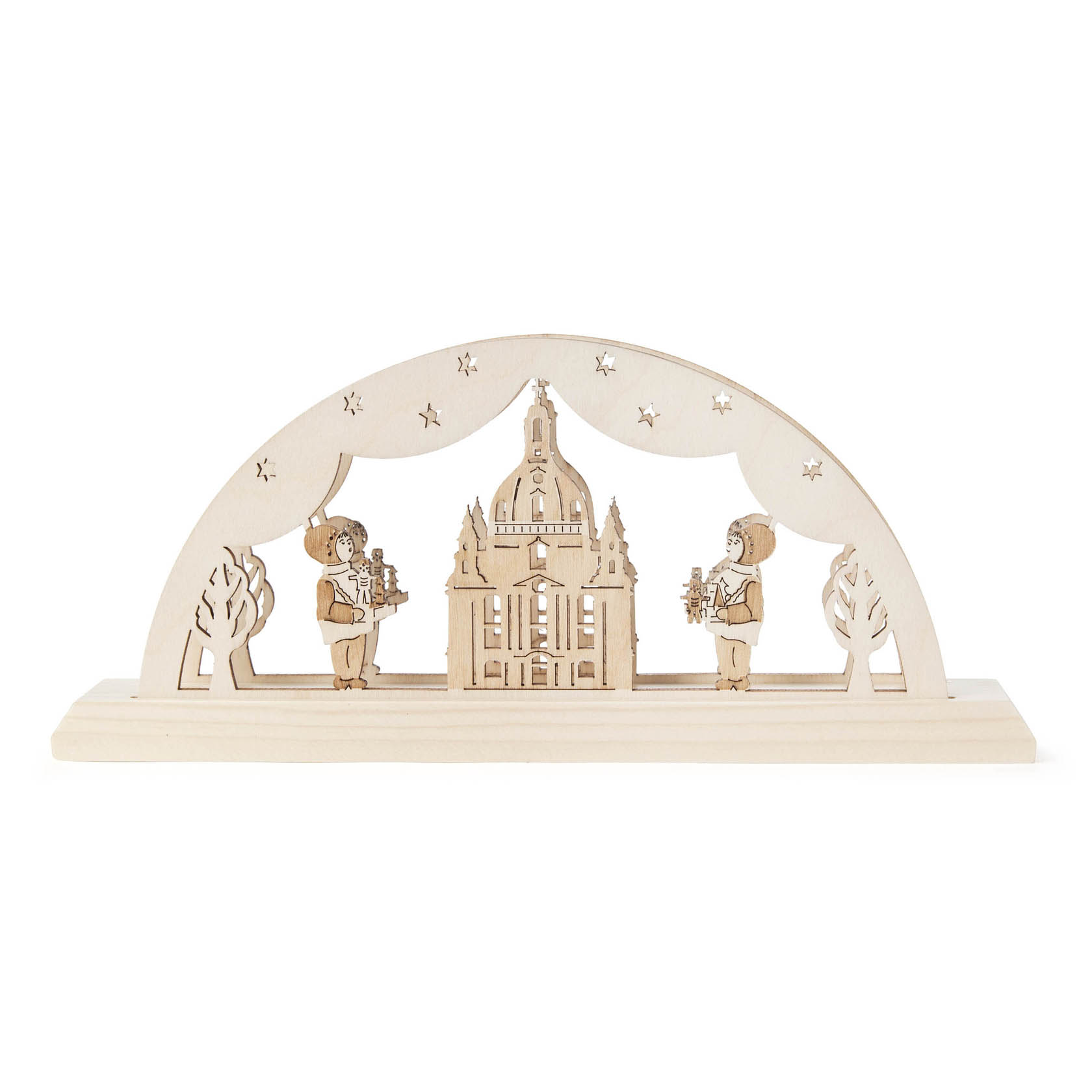 Holz-Serviettenständer mit Motiv der Dresdner Frauenkirche, flankiert von zwei Engeln, die Kerzen halten, und verziert mit Sternen. im Dregeno Online Shop günstig kaufen