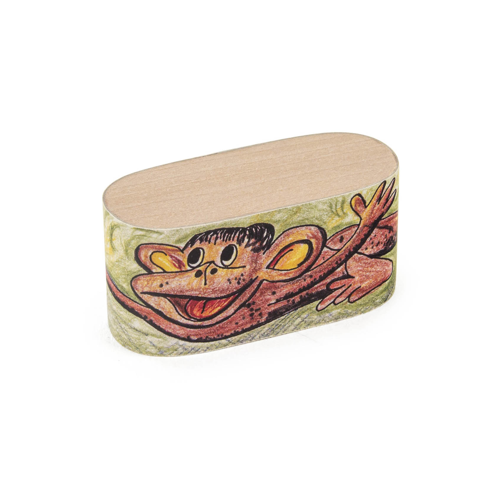 Toy monkey with cartoonish, cheerful expression drawn on an oval-shaped wooden block. The monkey appears to be leaping with arms and legs extended. im Dregeno Online Shop günstig kaufen