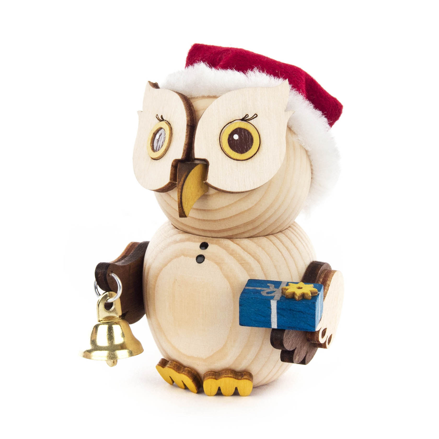 Holzeule mit Weihnachtsmannmütze, in der linken Kralle eine Glocke, in der rechten ein blaues Geschenk mit gelber Schleife. im Dregeno Online Shop günstig kaufen