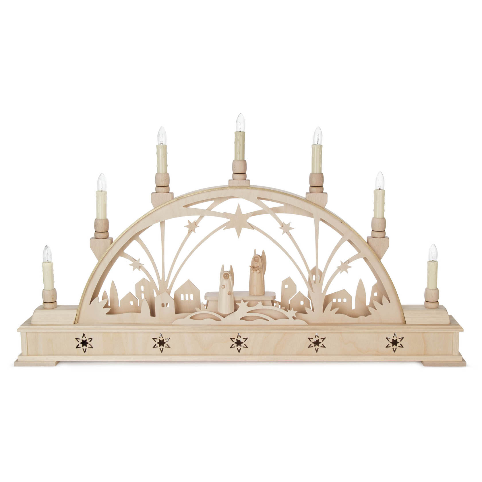 Ein Schwibbogen aus Holz mit sieben elektrischen Kerzen, die einen Sternenhimmel und eine Stadtlandschaft mit Engeln und Kirchen darstellen. im Dregeno Online Shop günstig kaufen