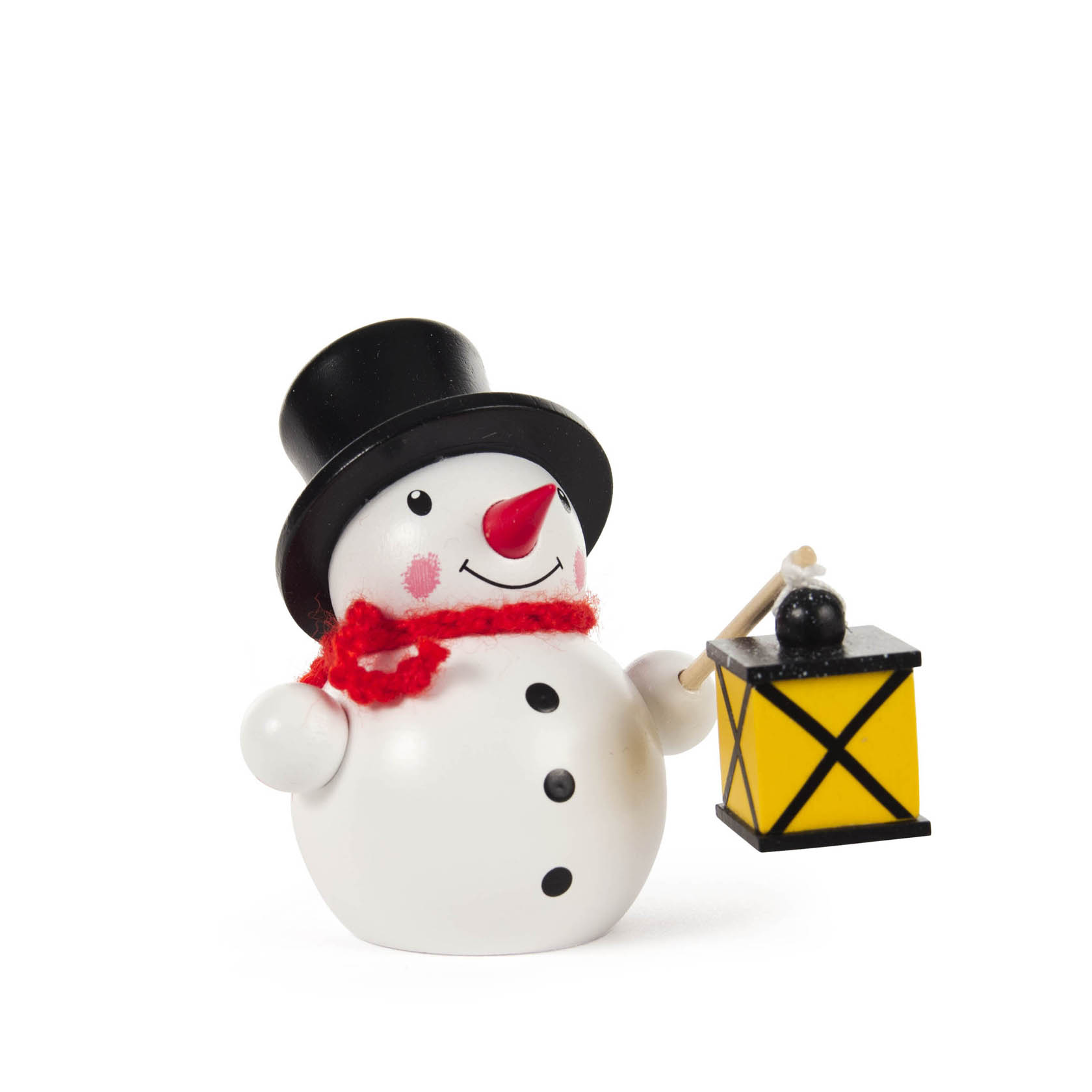 Ein weißer Schneemann mit schwarzem Zylinder, rotem Schal und einer gelben Laterne in der rechten Hand. im Dregeno Online Shop günstig kaufen