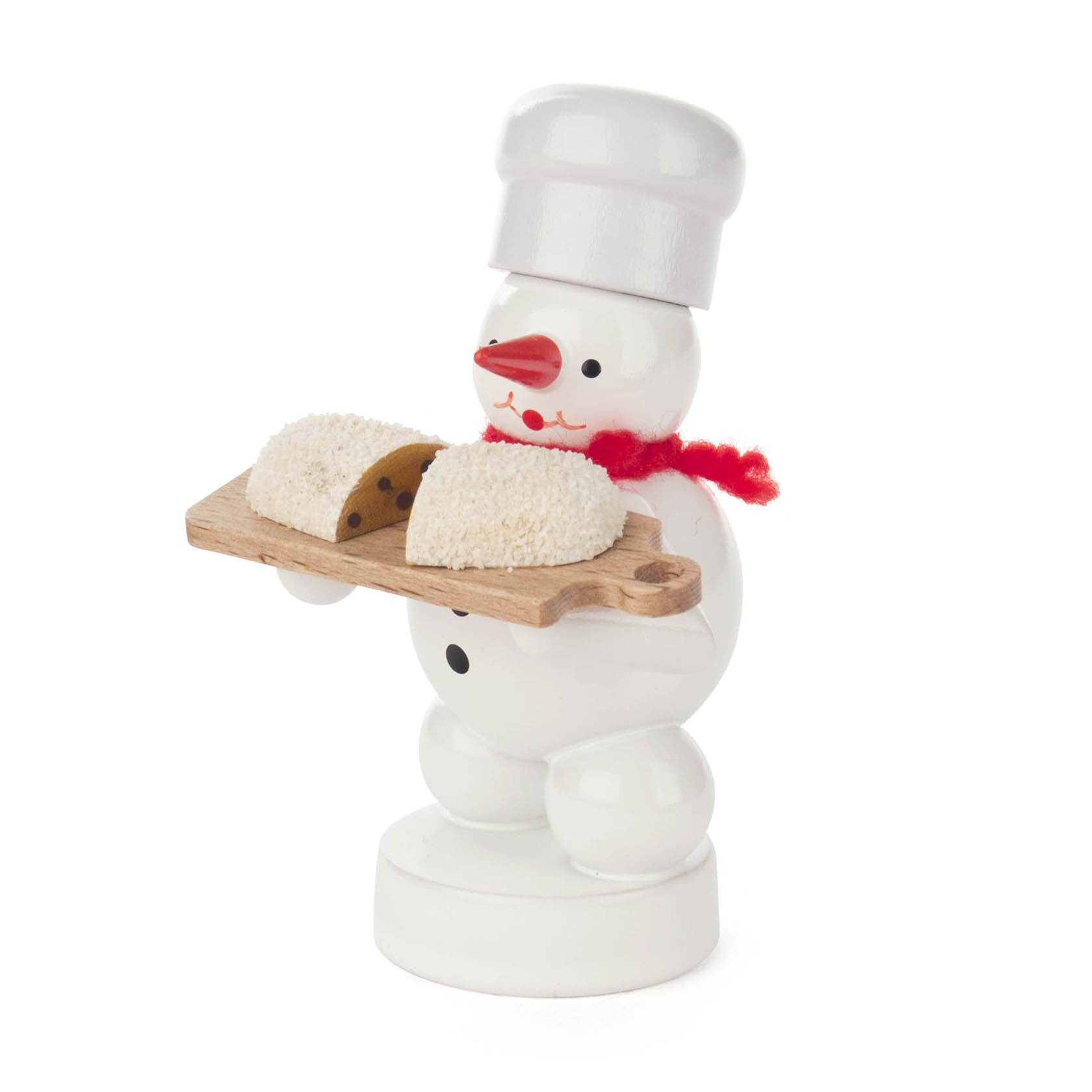 Holzfigur eines Schneemanns in Bäckerkleidung mit rotem Schal, der ein Tablett mit zwei Stollenhälften hält. im Dregeno Online Shop günstig kaufen