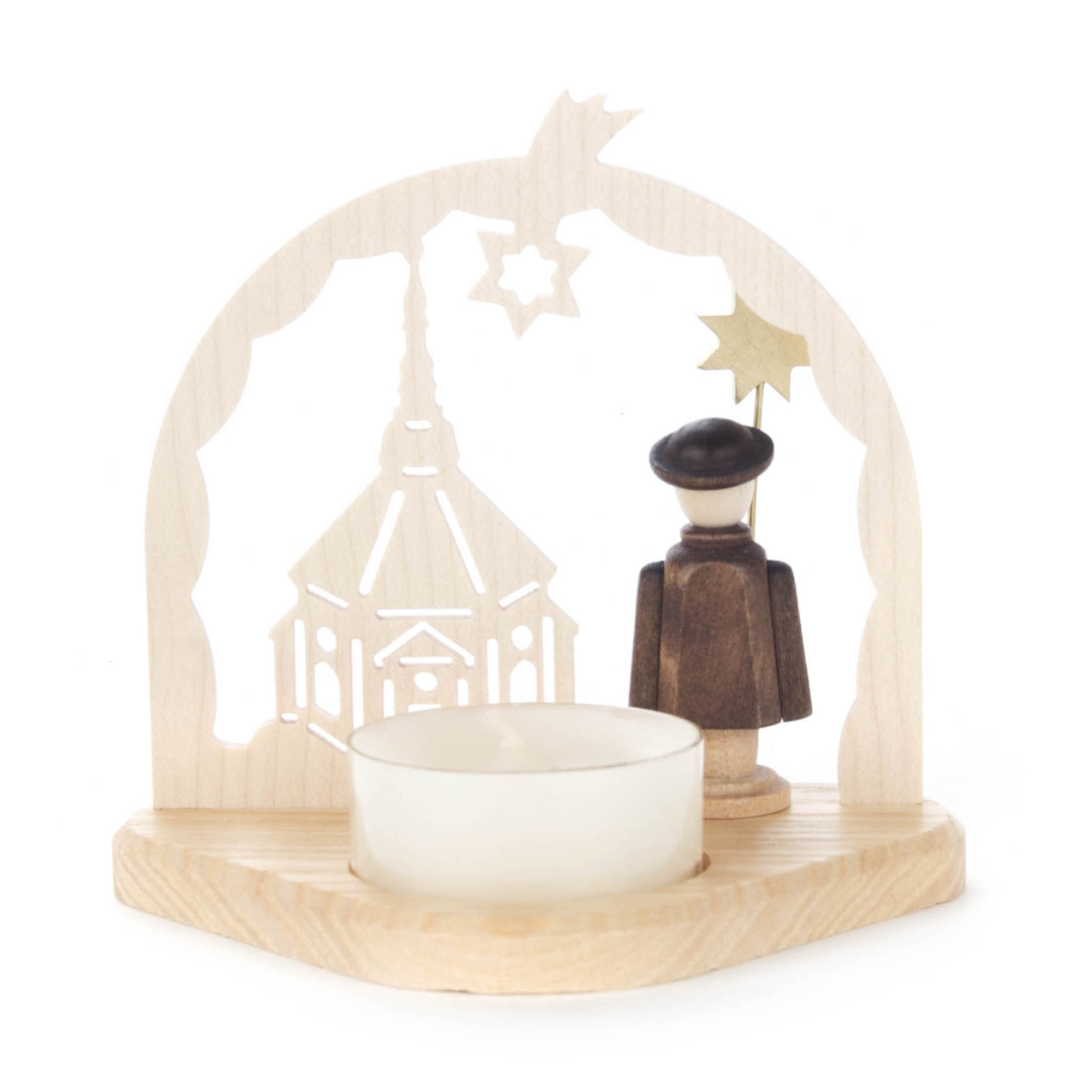 Ein Teelichthalter mit einer braunen Kurrendefigur und einer Abbildung der Seiffener Kirche aus Holz.