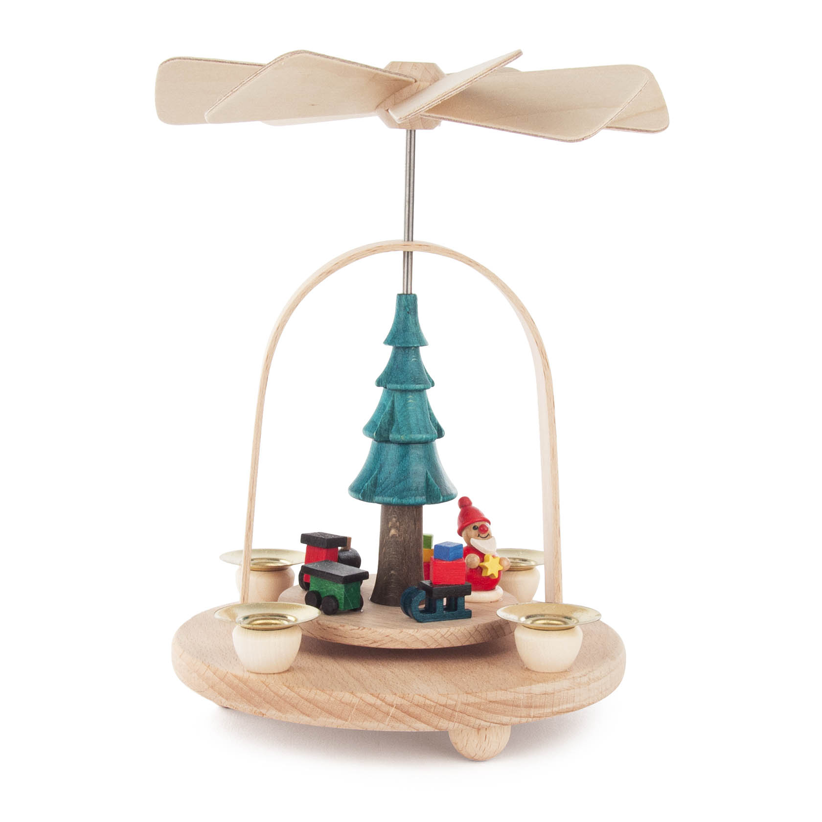 Holzpyramide mit einem grünen Tannenbaum, einem Weihnachtsmann und einer kleinen Eisenbahn auf einer drehbaren Plattform. Kerzenhalter an den Ecken. im Dregeno Online Shop günstig kaufen