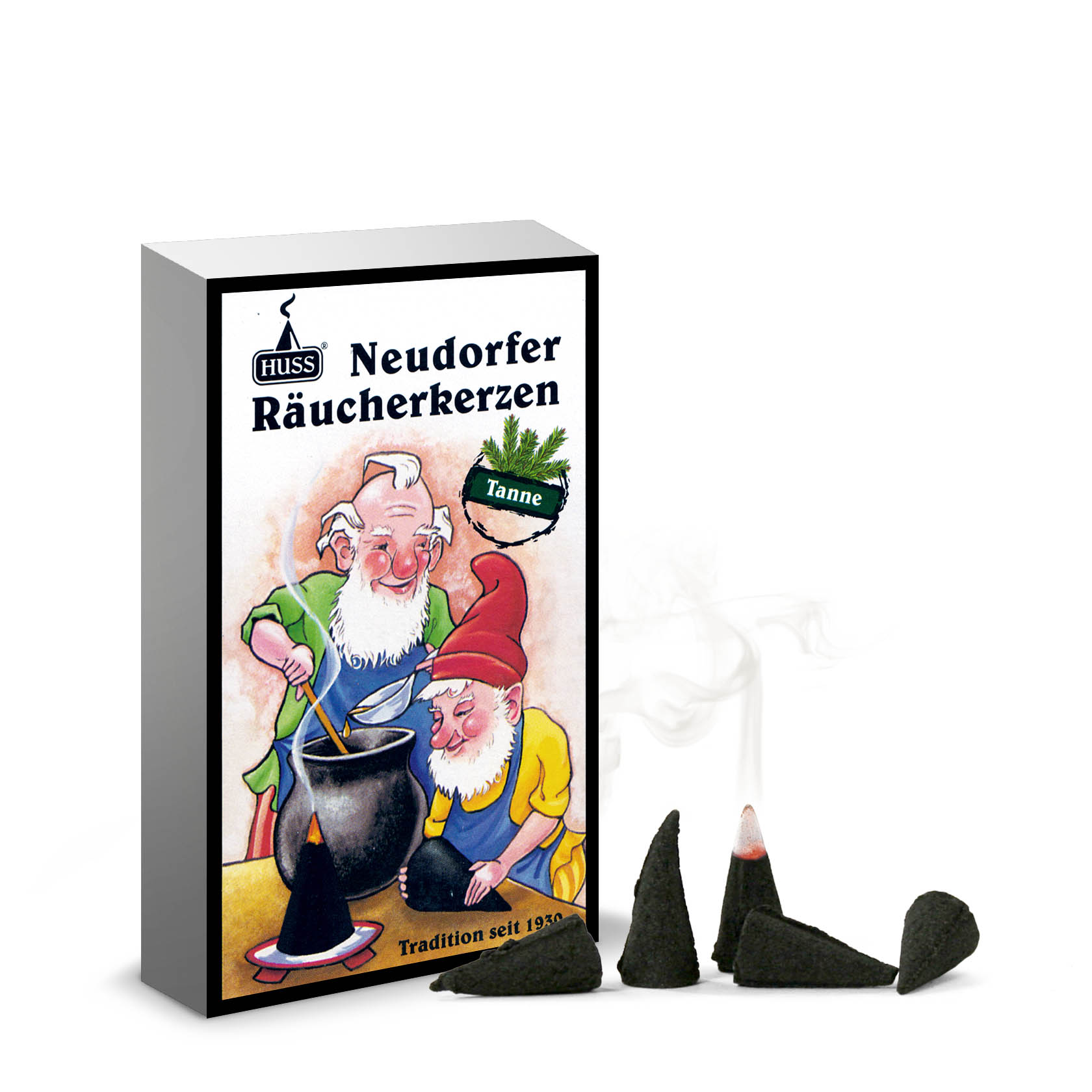 Verpackung Neudorfer Räucherkerzen mit Bild von zwei Zwergen, einer rührt in einem Topf, daneben brennende Tannen-Räucherkerzen. im Dregeno Online Shop günstig kaufen