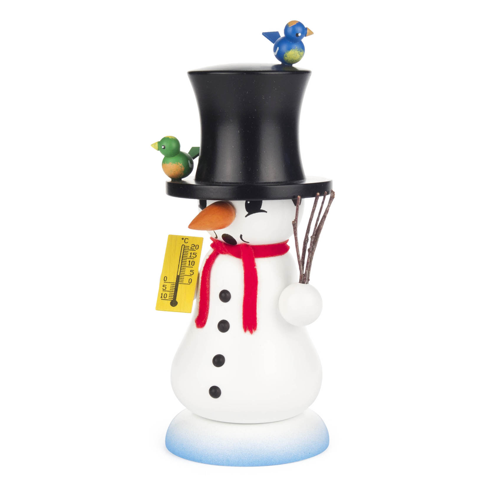 Räuchermann Schneemann 'Schmelzi' mit schwarzem Zylinder, rotem Schal und zwei Vögeln, die auf seinem Hut sitzen. im Dregeno Online Shop günstig kaufen