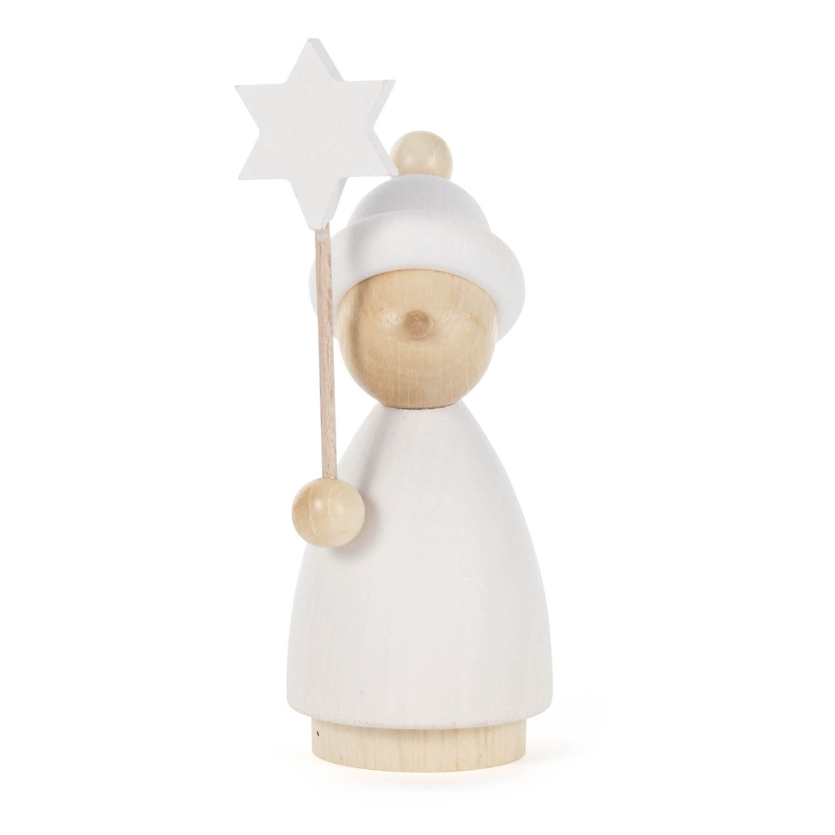 Holzfigur eines Kurrendekindes in weißer Kleidung, mit einem weißen Stern auf einem Stab in der rechten Hand. im Dregeno Online Shop günstig kaufen