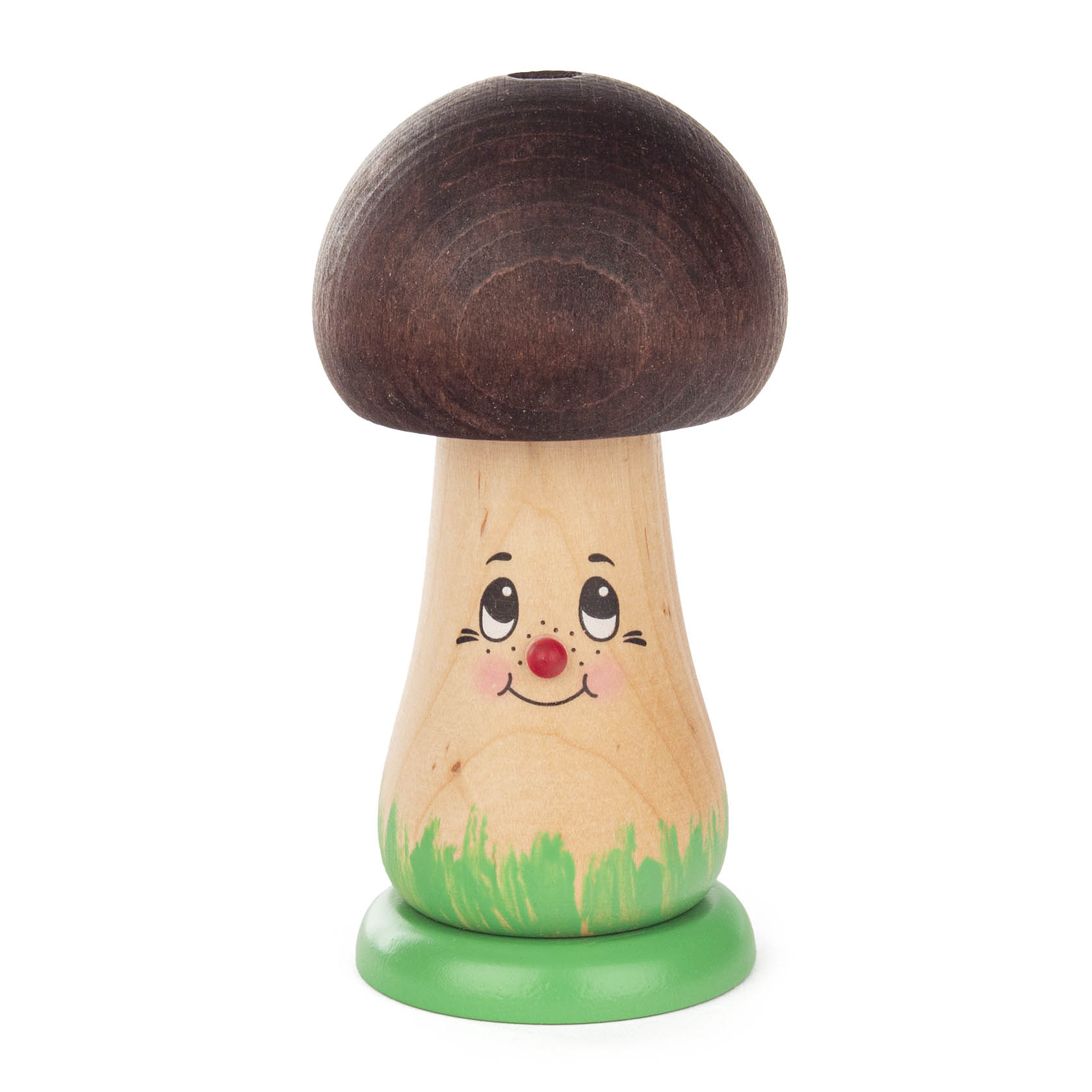 Holzräucherfigur in Form eines Pilzes mit braunem Hut und bemaltem Gesicht, lächelnd, auf grünem Sockel stehend. im Dregeno Online Shop günstig kaufen