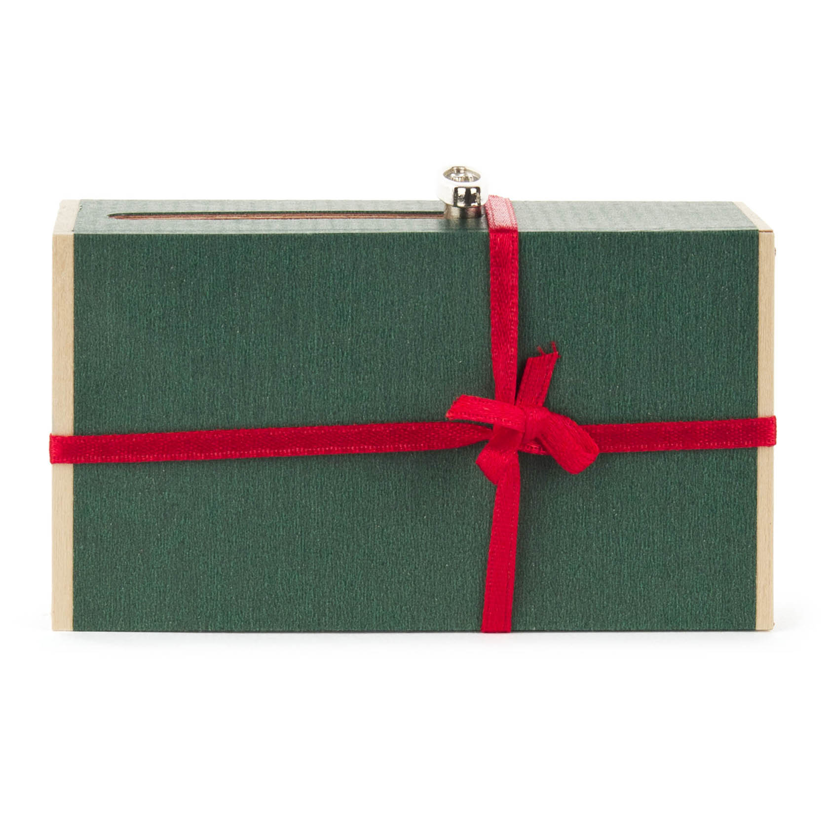 A green gift box with a red ribbon tied around it, featuring a wind-up knob on top. It plays a melody and is labeled as a 'Boy with Flower' music box.