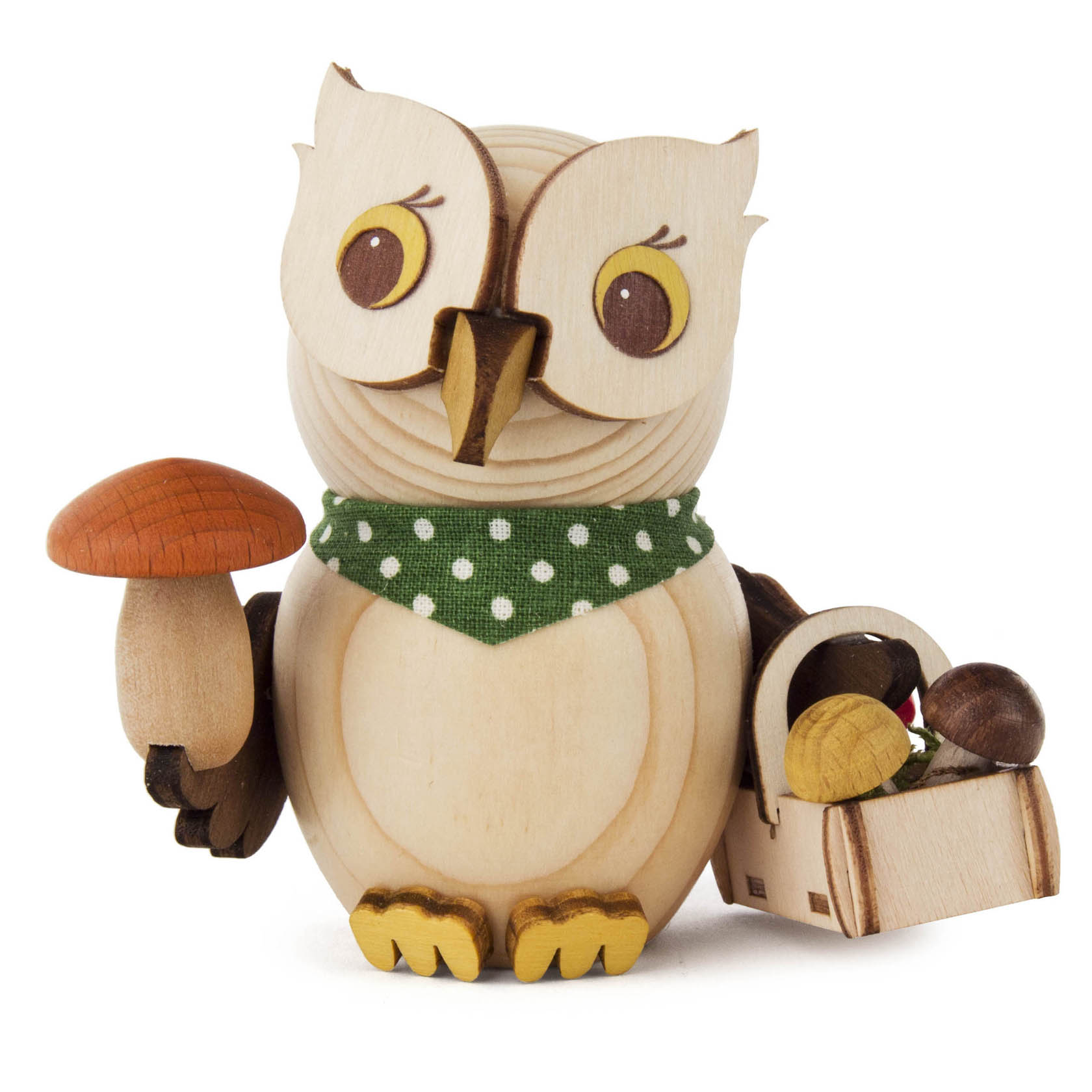 Holzeule mit grünem Halstuch, die einen Pilz trägt und einen Korb voller Pilze bei sich hat. im Dregeno Online Shop günstig kaufen