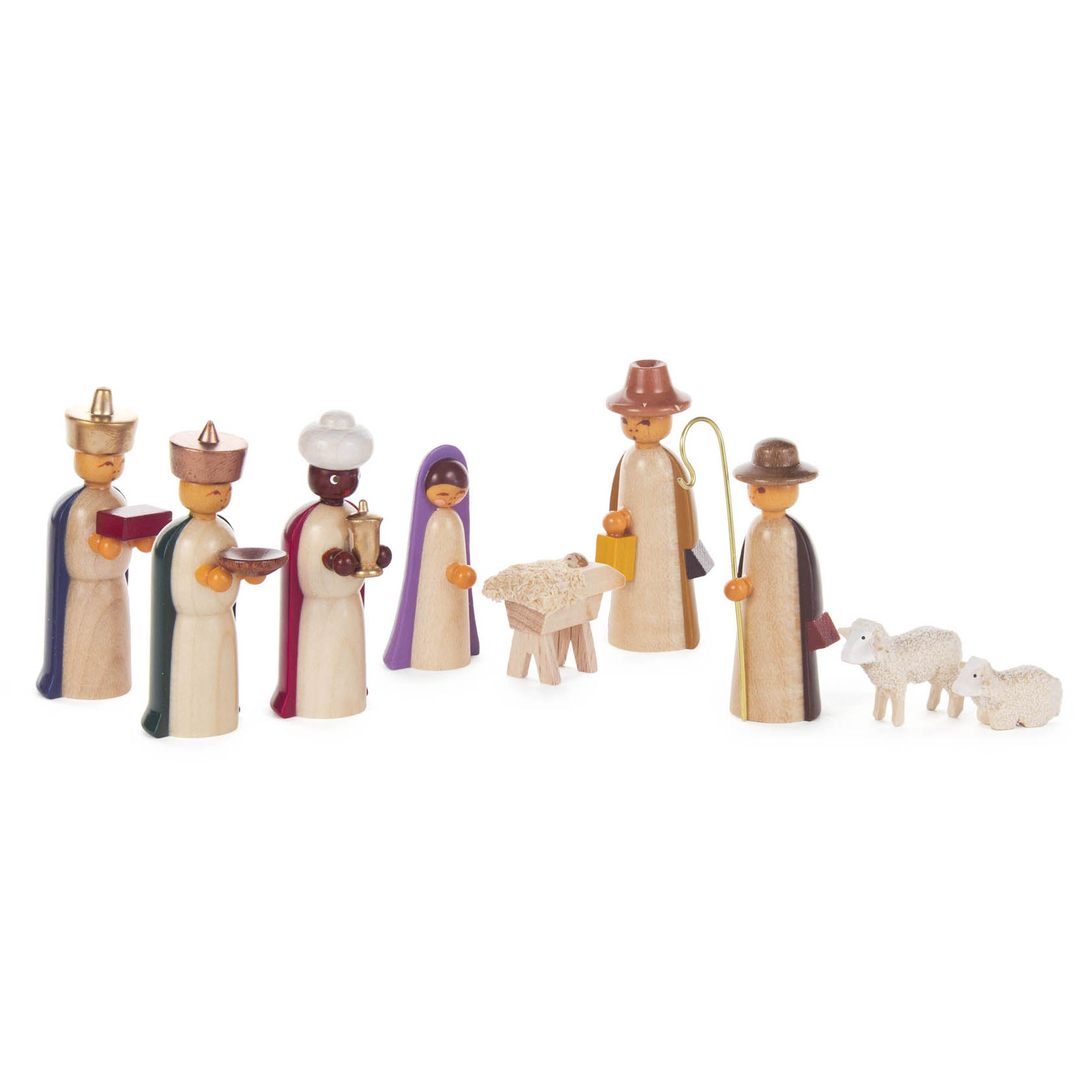 Neun farbige Krippenfiguren aus Holz, darunter die Heiligen Drei Könige, Hirten, Maria, Josef und das Jesuskind in der Krippe umgeben von zwei Schafen. im Dregeno Online Shop günstig kaufen