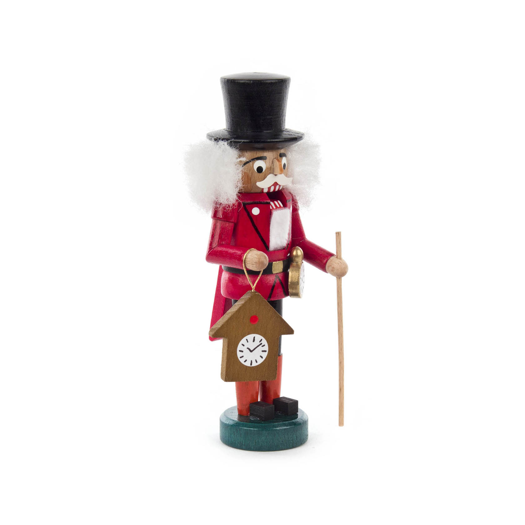 Colorful nutcracker clock seller figure, 14cm tall, wearing a red coat, black top hat, holding a clock and staff, with white hair and mustache.