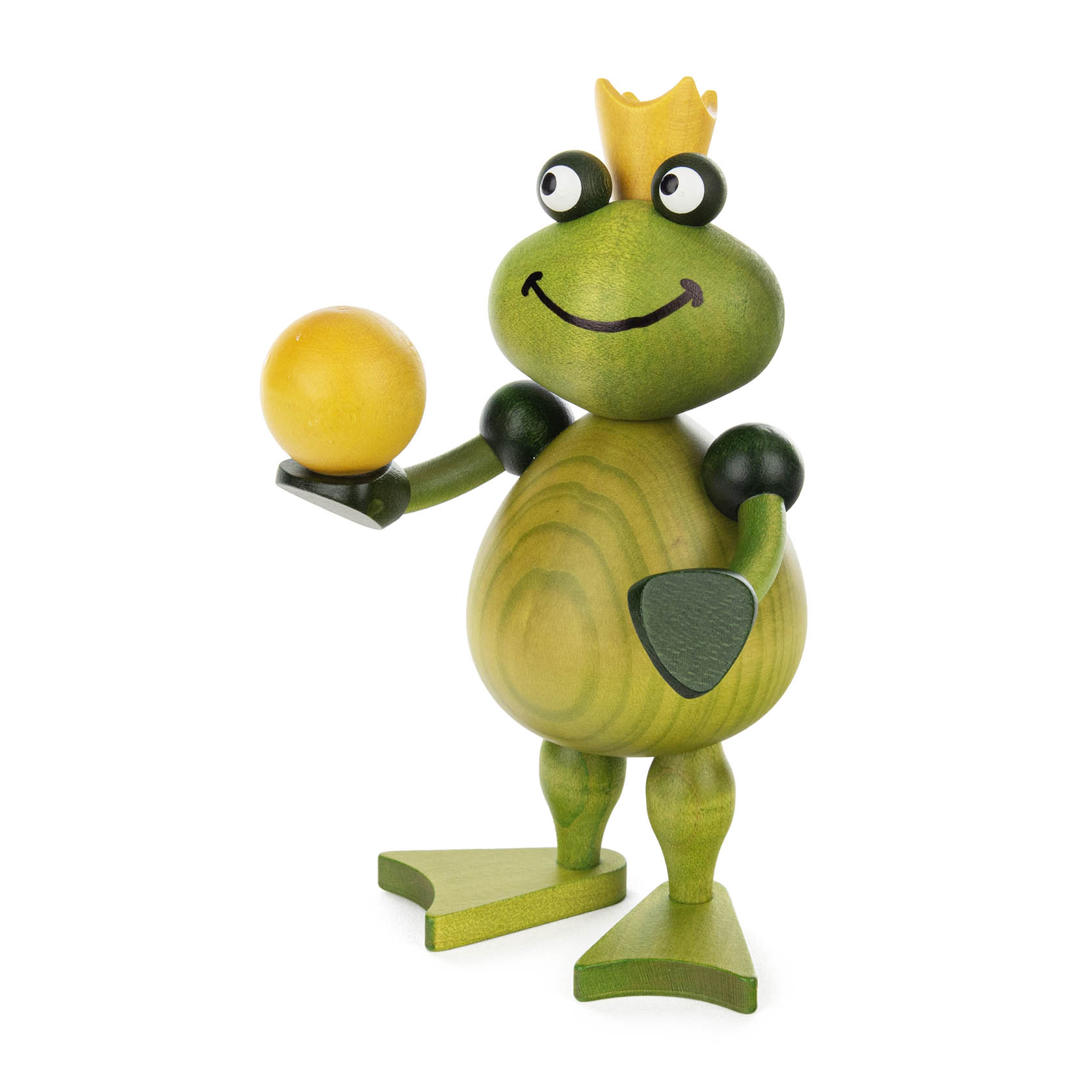 Holzfigur eines Froschkönigs mit goldener Krone, der auf der rechten Hand eine gelbe Kugel hält und lächelnd dreinschaut. im Dregeno Online Shop günstig kaufen