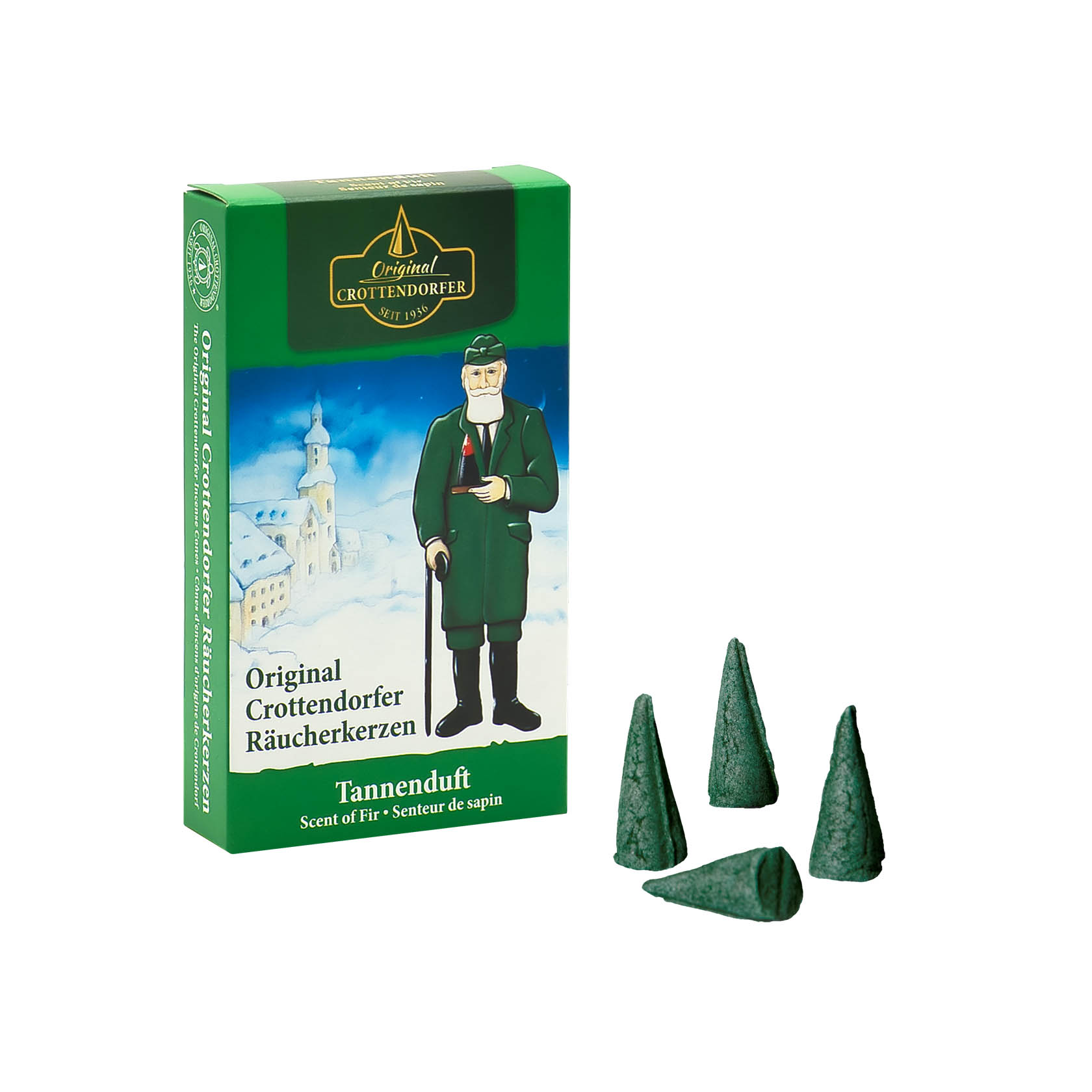 Verpackung von Crottendorfer Räucherkerzen mit der Illustration eines Mannes in grüner Kleidung und drei brennenden Tannen-Räucherkerzen. im Dregeno Online Shop günstig kaufen