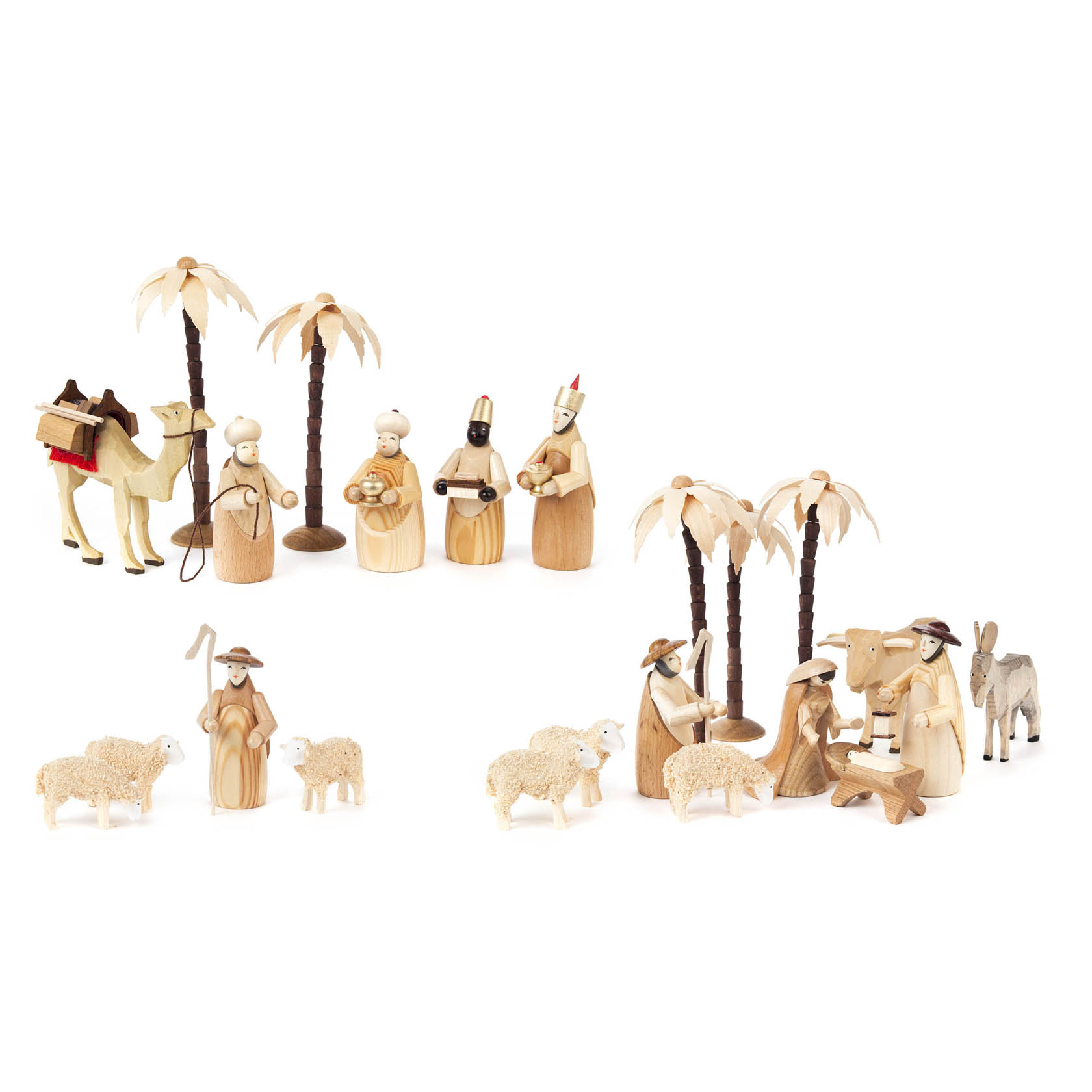 Natürliche Krippenfiguren aus Holz, darunter die Heilige Familie, Hirten, Schafe, Kamele, Palmen und weitere Tiere, handgeschnitzt und detailliert gestaltet. im Dregeno Online Shop günstig kaufen