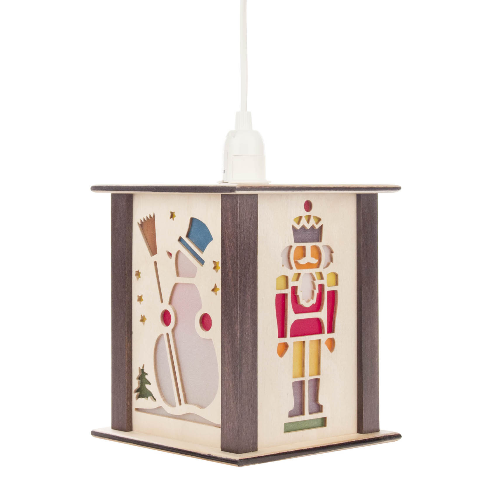 Kleine Laterne mit Nussknacker und Schneemann auf den Seiten, aus Holz gefertigt und elektrisch beleuchtet. im Dregeno Online Shop günstig kaufen