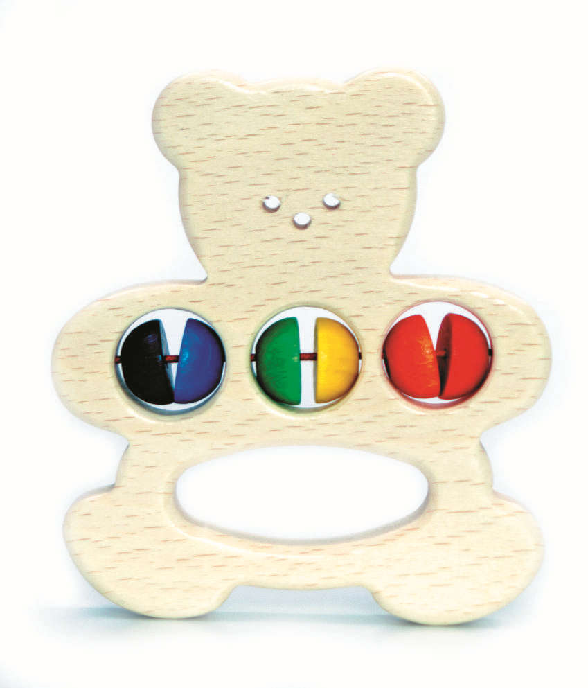 Holzgreifring in Form eines Bären mit drei bunten Perlen im Bauchbereich, die rot, gelb-grün und blau sind. im Dregeno Online Shop günstig kaufen