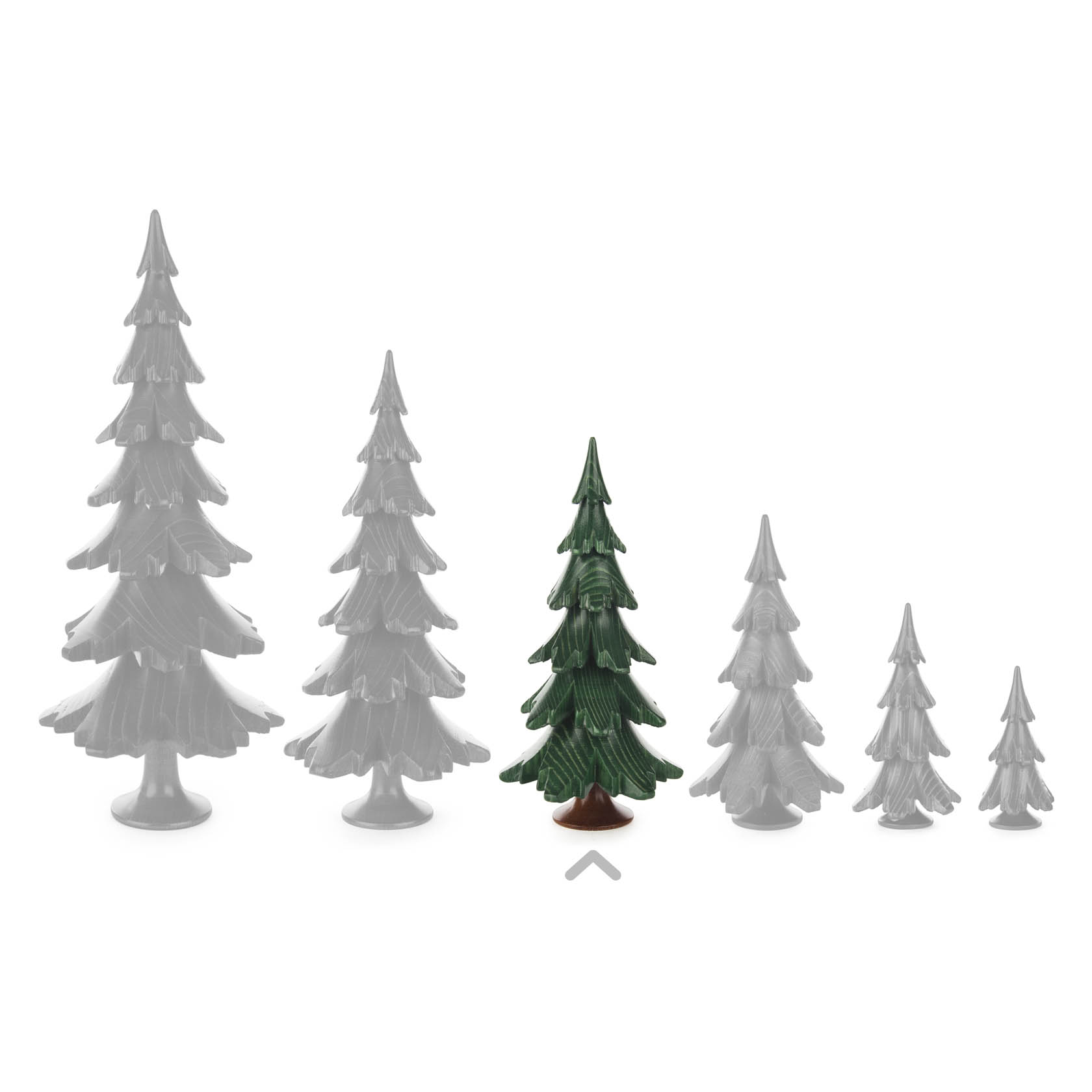 Massivholzbaum grün lasiert, 15,5 cm, umgeben von grauen Modellbäumen in verschiedenen Größen.