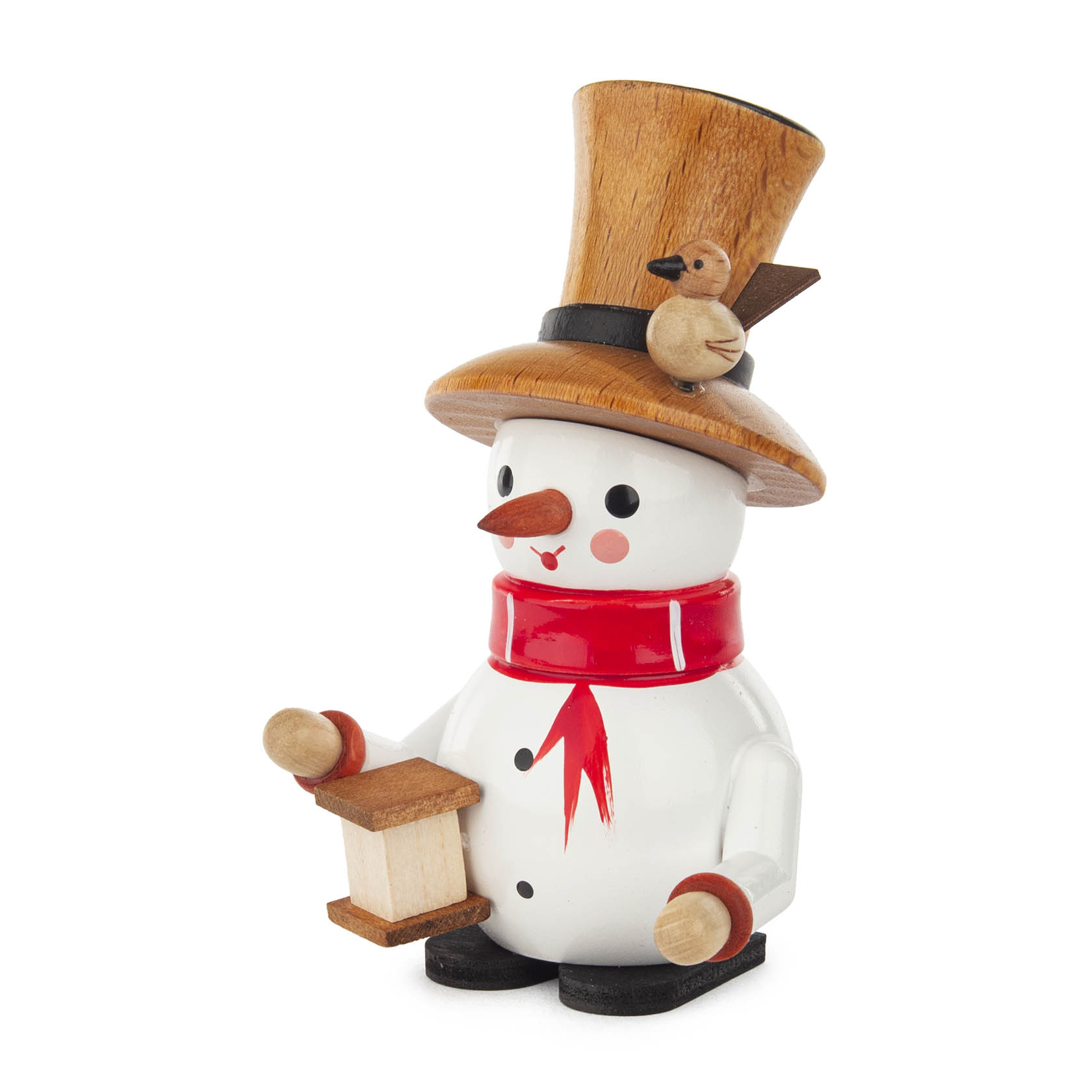 Holzfigur Schneemann mit rotem Schal, hohem Hut und einer Laterne in der Hand. im Dregeno Online Shop günstig kaufen