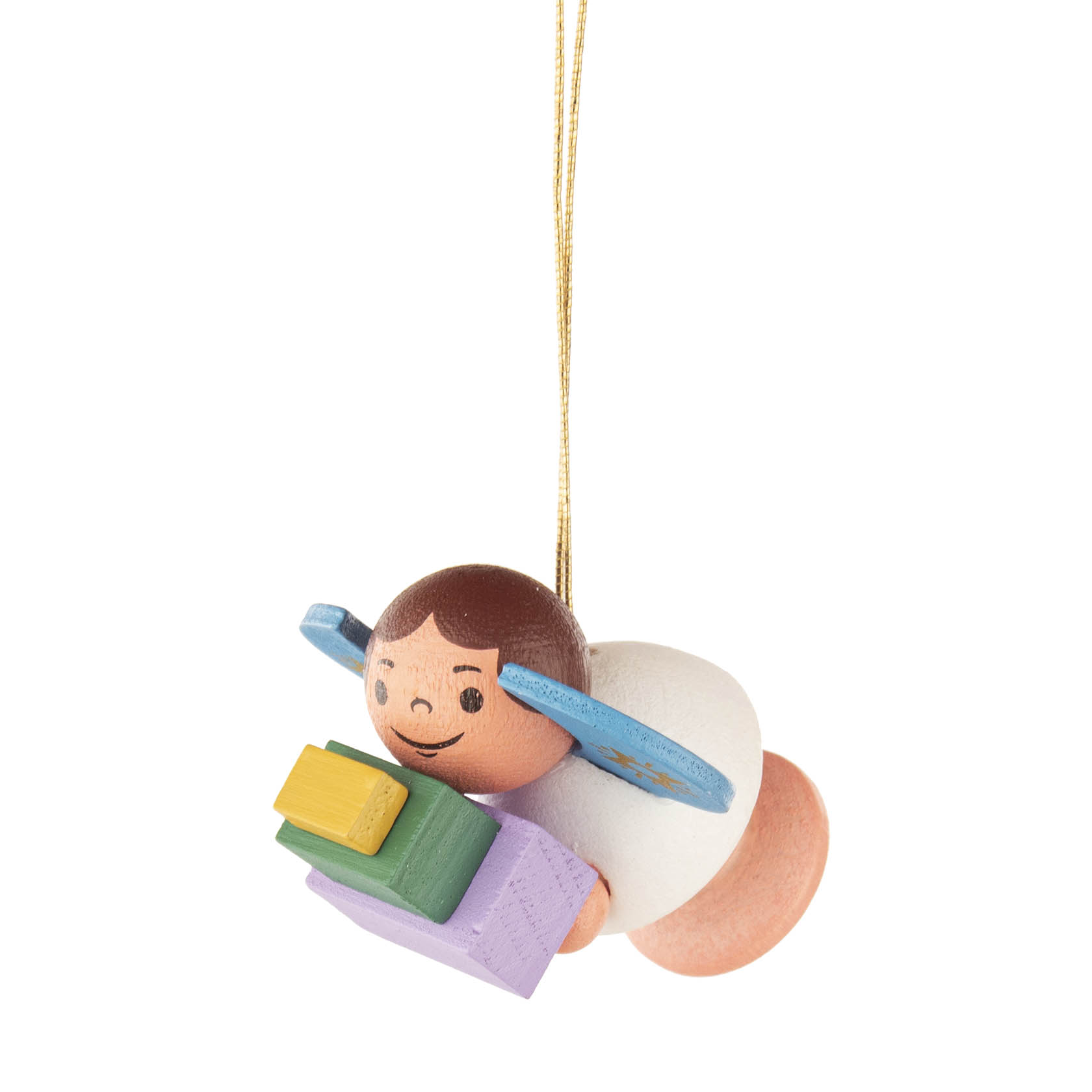 Ein hölzerner, farbenfroher Engel mit braunen Haaren und blauen Flügeln, der an einem Faden hängt und Geschenke in den Händen hält. im Dregeno Online Shop günstig kaufen
