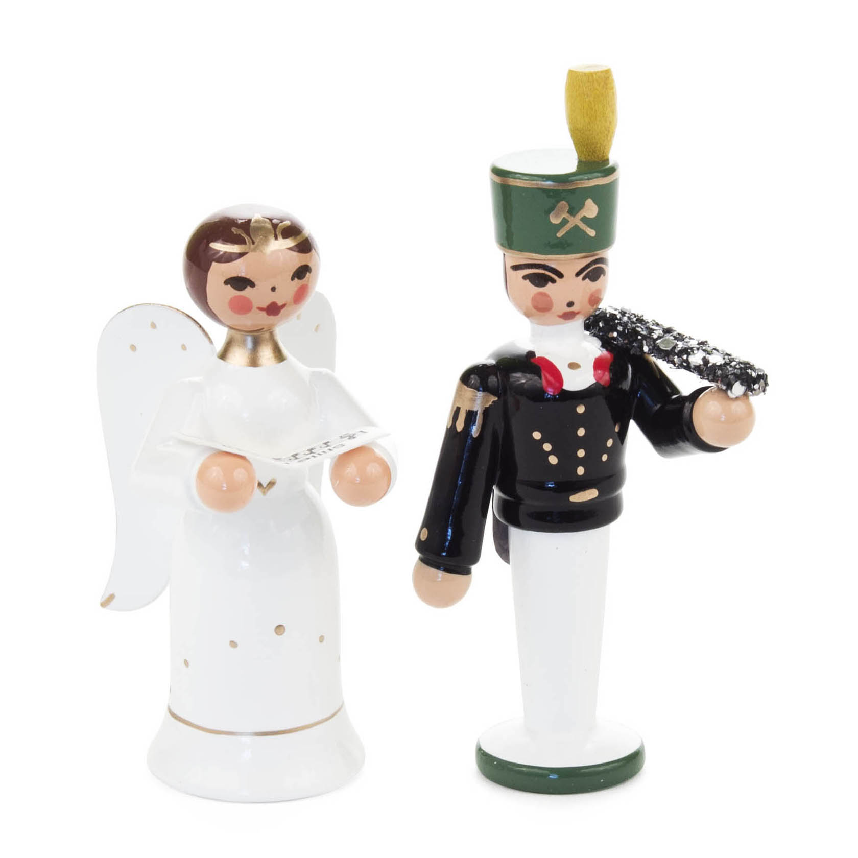 Kleine Holzfiguren: ein Engel in weißem Kleid mit goldenen Akzenten und ein Bergmann in Uniform mit grünem Hut und schwarzem Umhang. im Dregeno Online Shop günstig kaufen