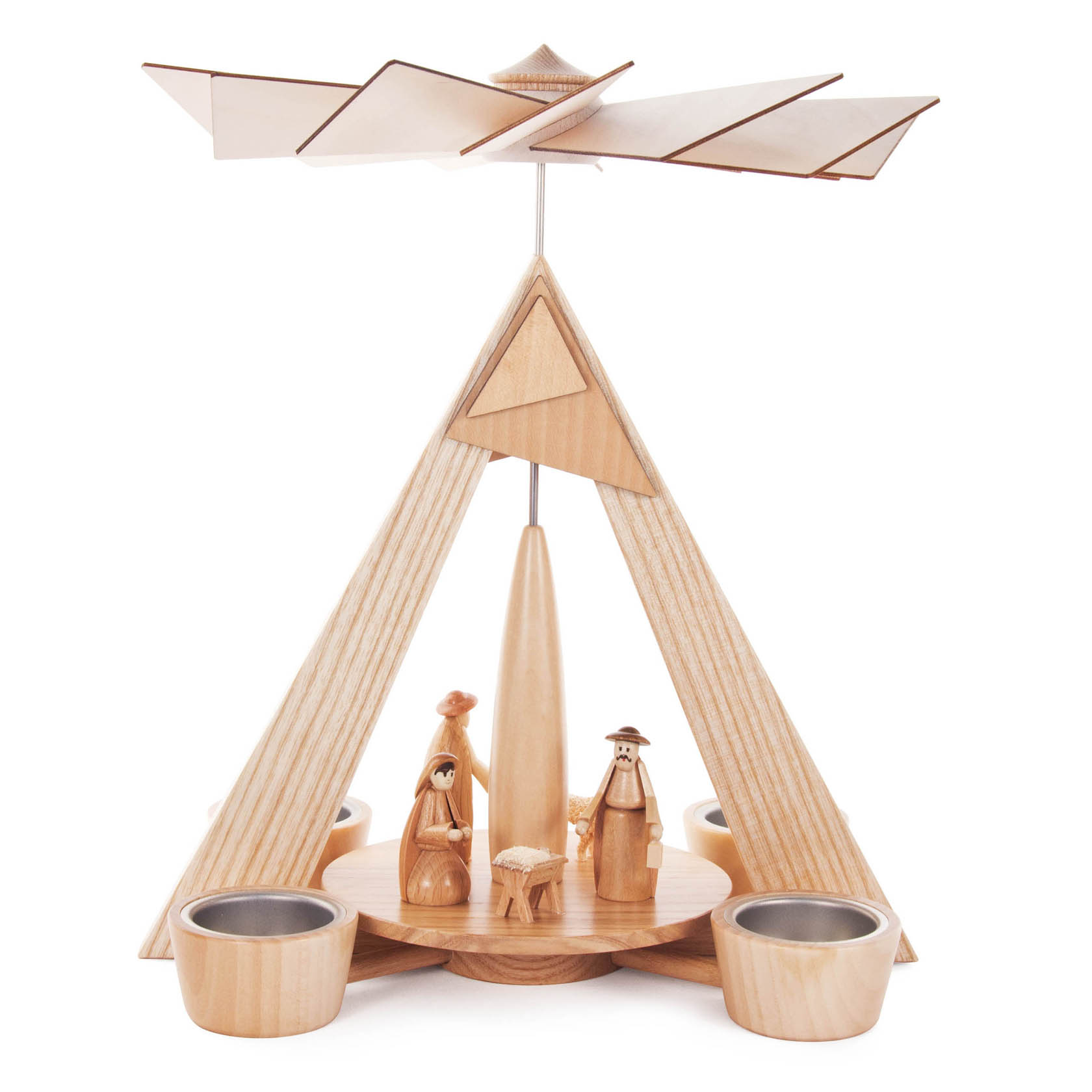 Holzkrippenpyramide mit drei Teelichthaltern, zeigt die Geburt Christi mit Figuren der Heiligen Familie in einer dreieckigen Holzstruktur. im Dregeno Online Shop günstig kaufen