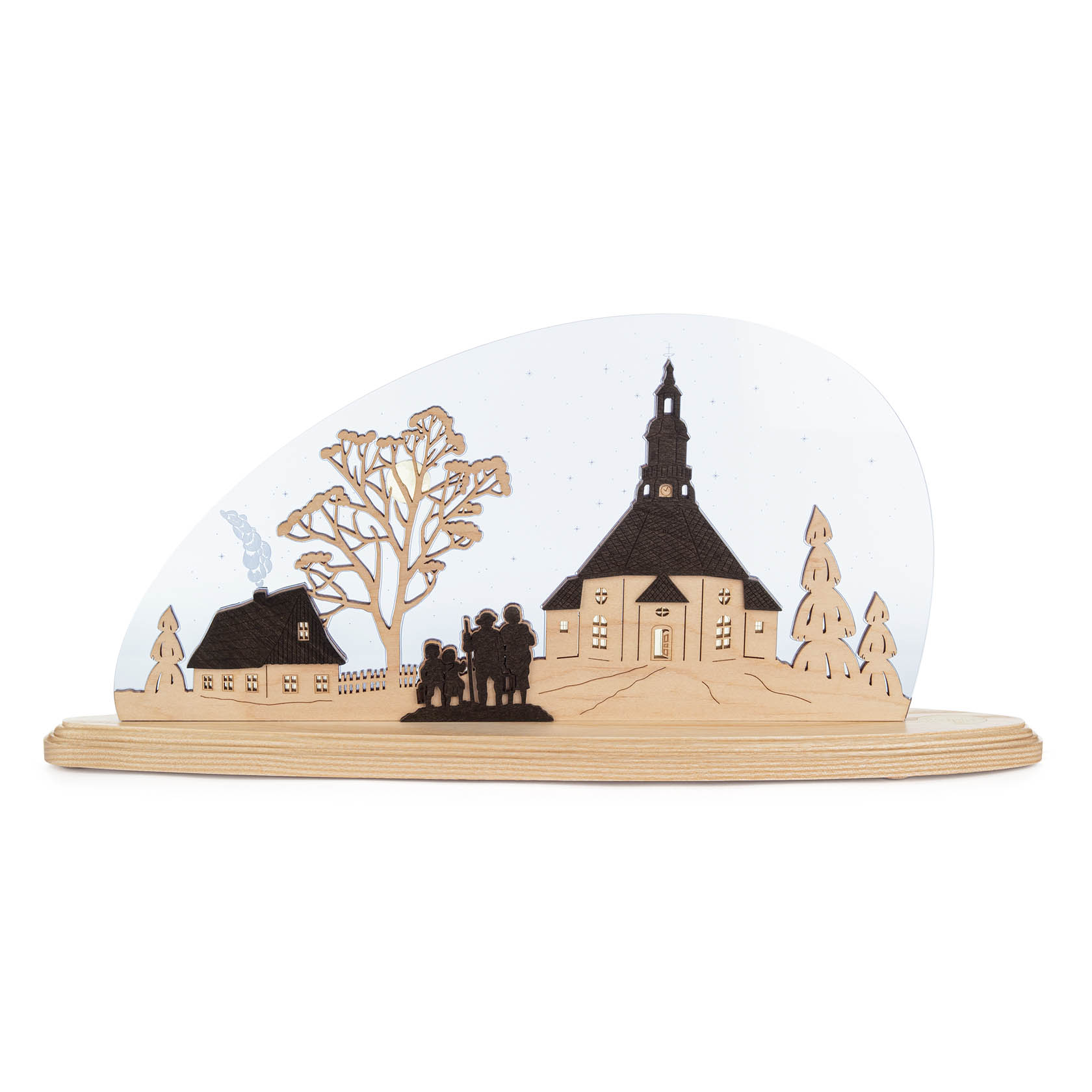 Motivleuchte aus Holz zeigt die Seiffener Kirche mit beleuchtetem Hintergrund und stilisierten, schwarzen Bäumen und Menschen. im Dregeno Online Shop günstig kaufen