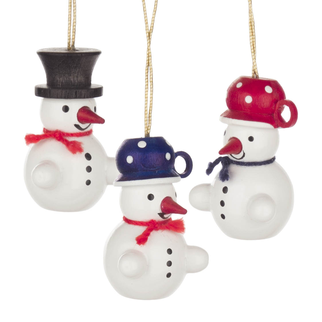 Drei hängende Schneemann-Ornamente aus Holz mit roten und blauen Hüten sowie roten und blauen Schals. im Dregeno Online Shop günstig kaufen