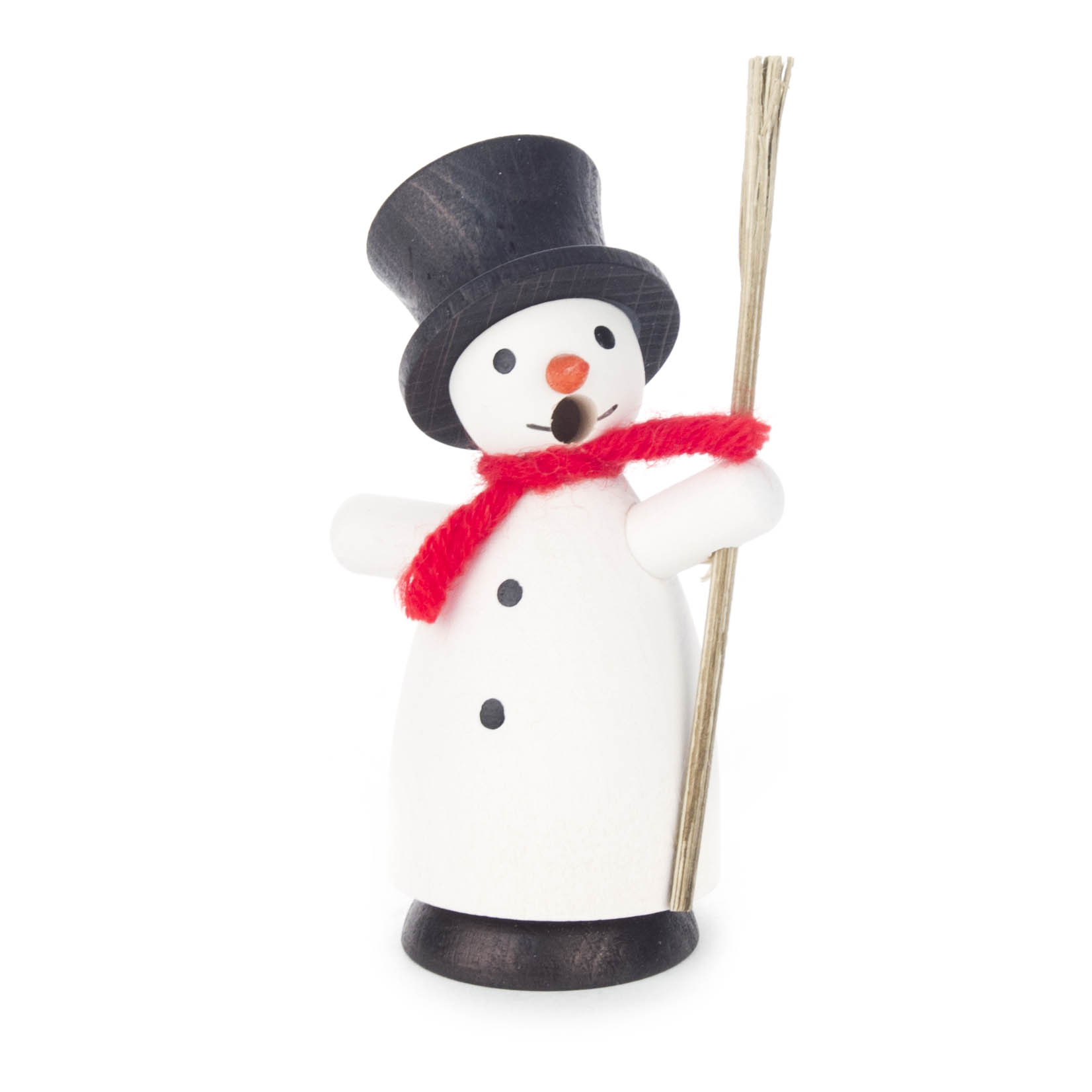 Ein Mini-Räuchermann in Form eines Schneemanns mit rotem Schal, schwarzem Hut, Karottennase und Besen, der zum Räuchern von Räucherkerzen genutzt wird. im Dregeno Online Shop günstig kaufen