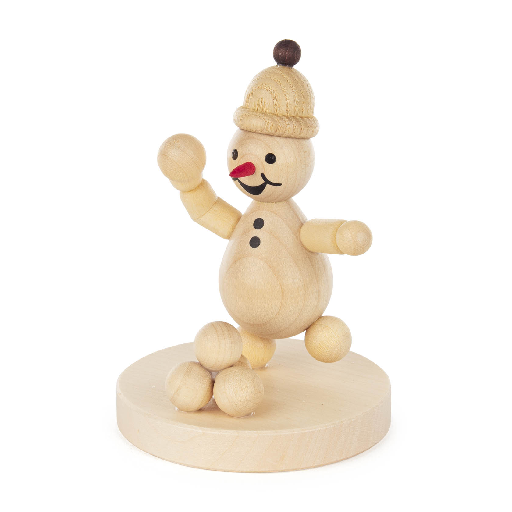 Holzfigur eines Schneemanns mit Mütze, Lächeln und einer Kugel in der Hand. Er steht auf einem runden Sockel. im Dregeno Online Shop günstig kaufen