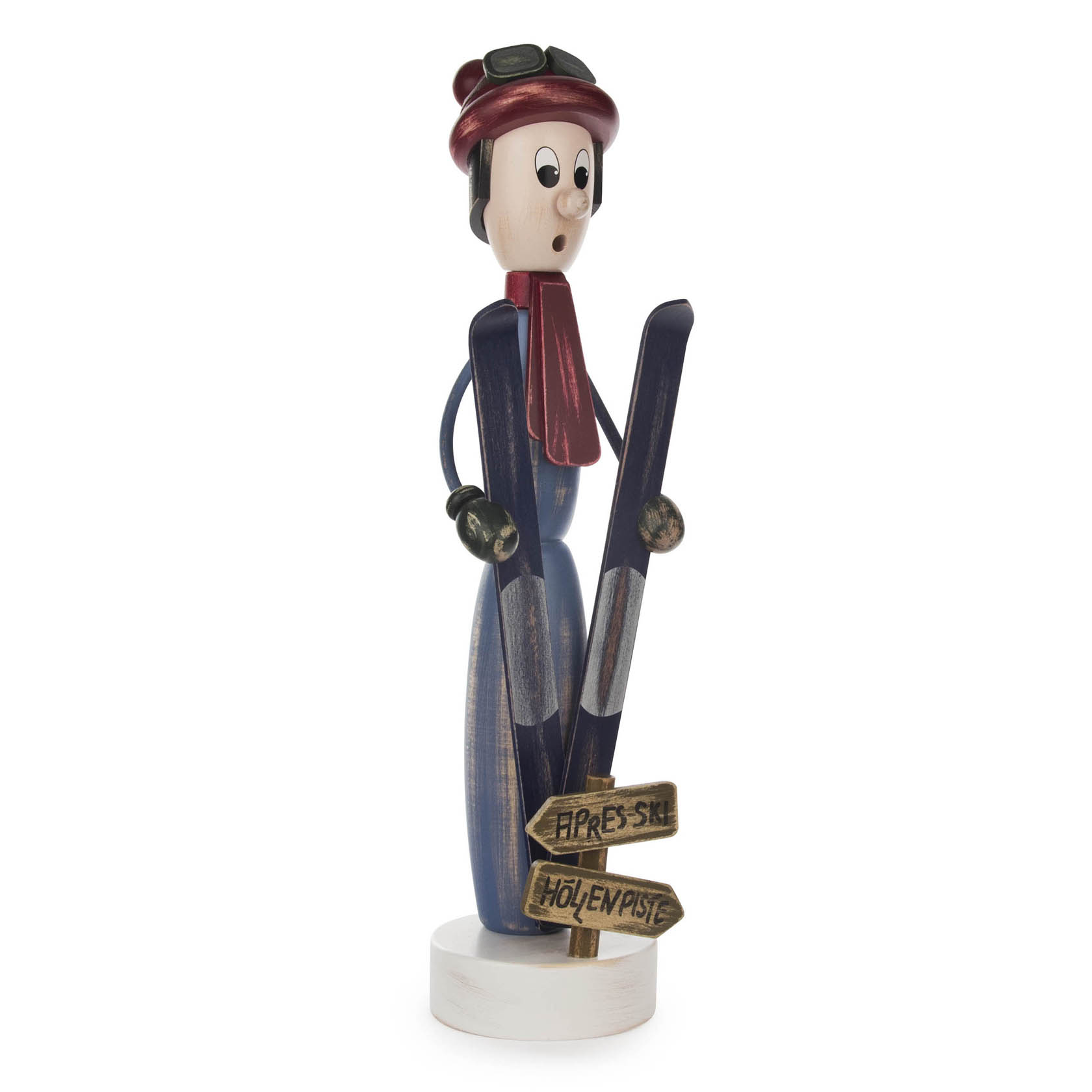 Räuchermann als Skifahrer im Shabby Chic Stil mit rotem Schal, Skibrille auf Mütze und zwei Wegweisern mit Aufschriften 'Après Ski' und 'Höllenpiste'. im Dregeno Online Shop günstig kaufen