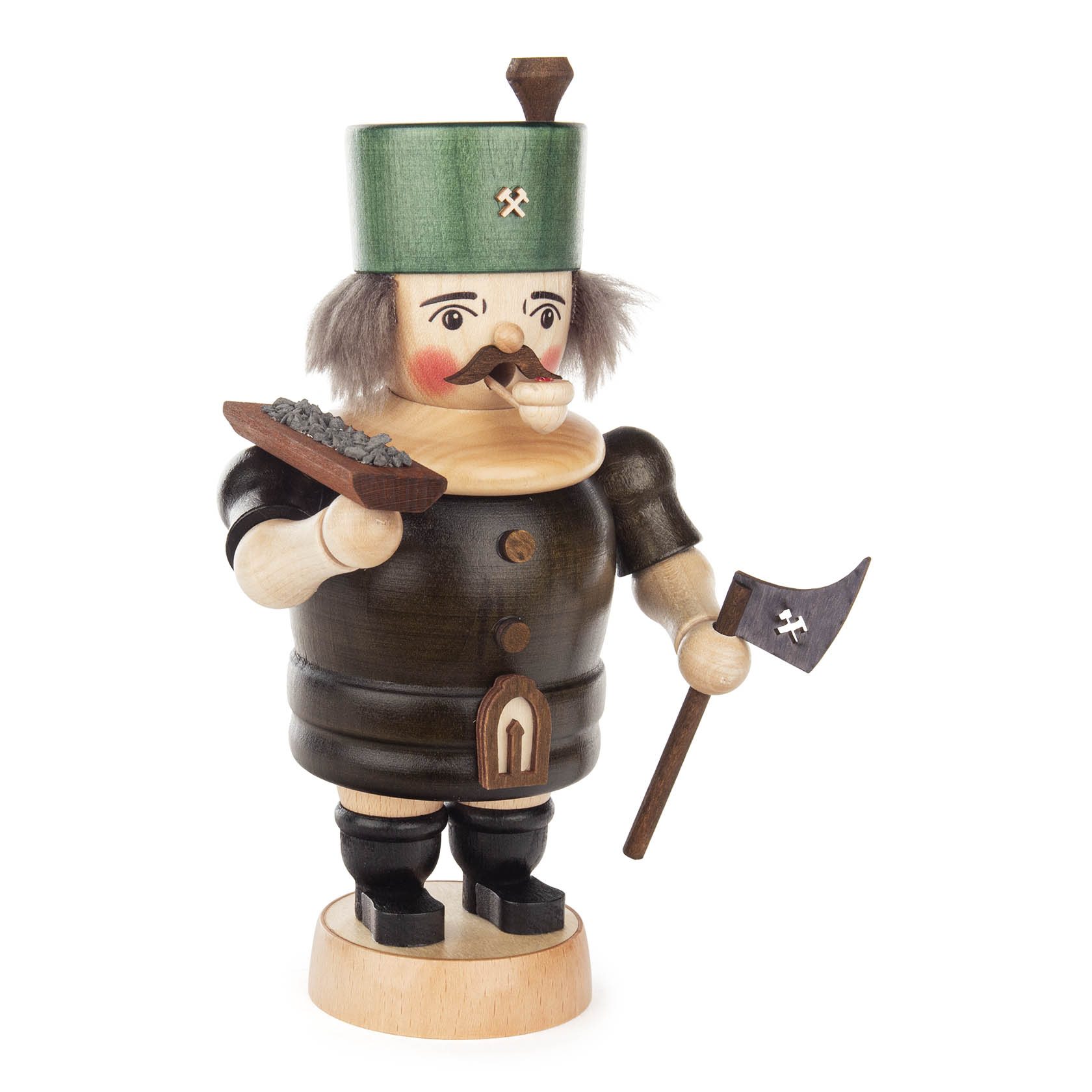 Traditioneller Räuchermann in Form eines Bergmanns mit grünem Helm, schwarzer Uniform, Axt in der rechten Hand und Räucherschale in der linken Hand. im Dregeno Online Shop günstig kaufen