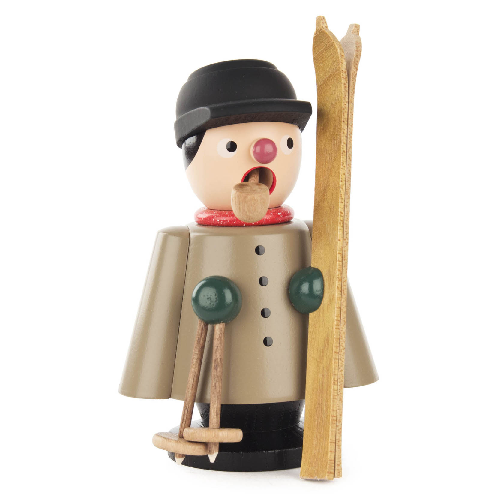 Wooden smoker figure of a skier with a black hat, holding skis in one hand and ski poles in the other, with a small red wooden nose. im Dregeno Online Shop günstig kaufen