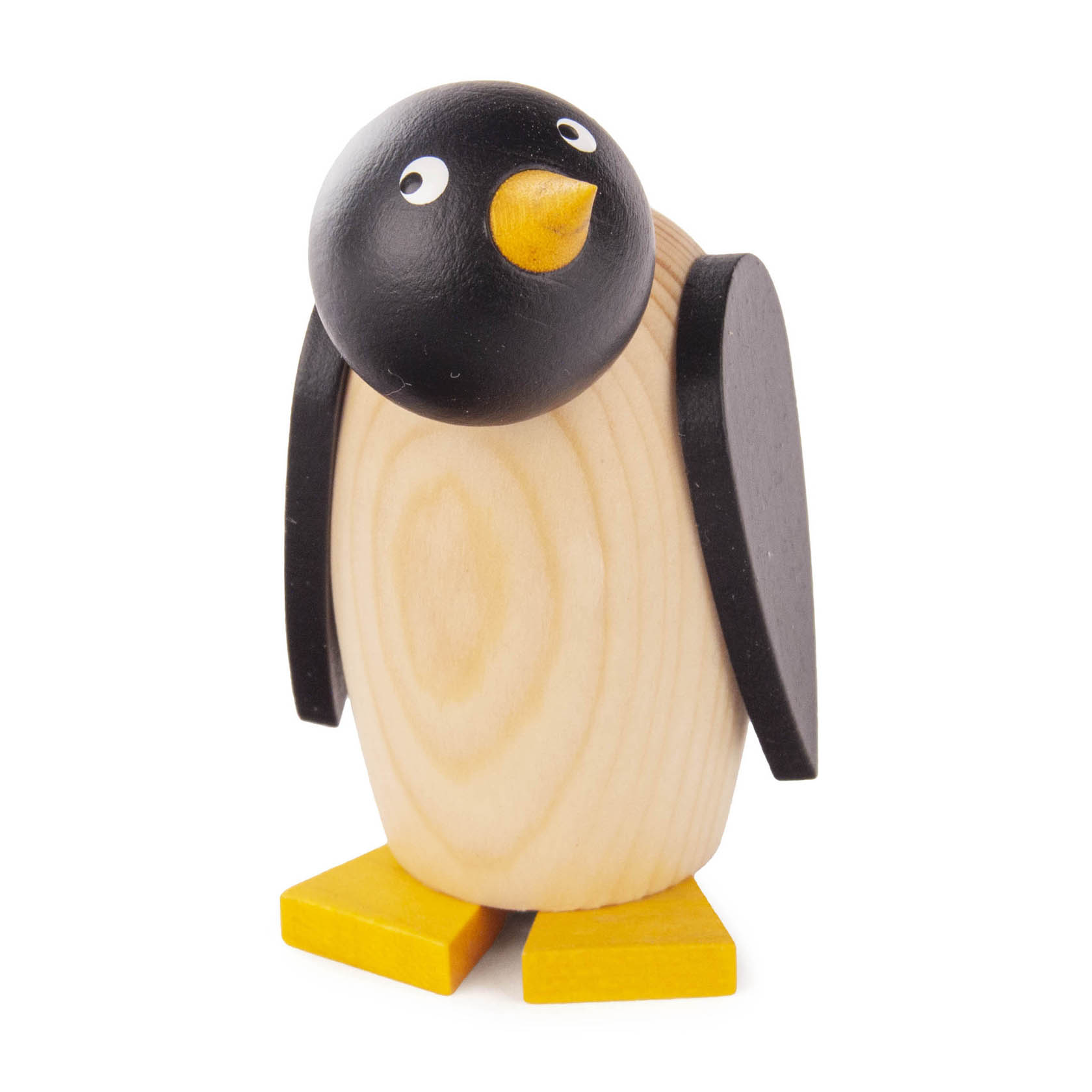 Holzpinguin-Figur mit schwarzem Kopf, gelbem Schnabel und flachen schwarzen Flügeln. Er hat einen natürlichen Holzkörper und gelbe Füße. im Dregeno Online Shop günstig kaufen